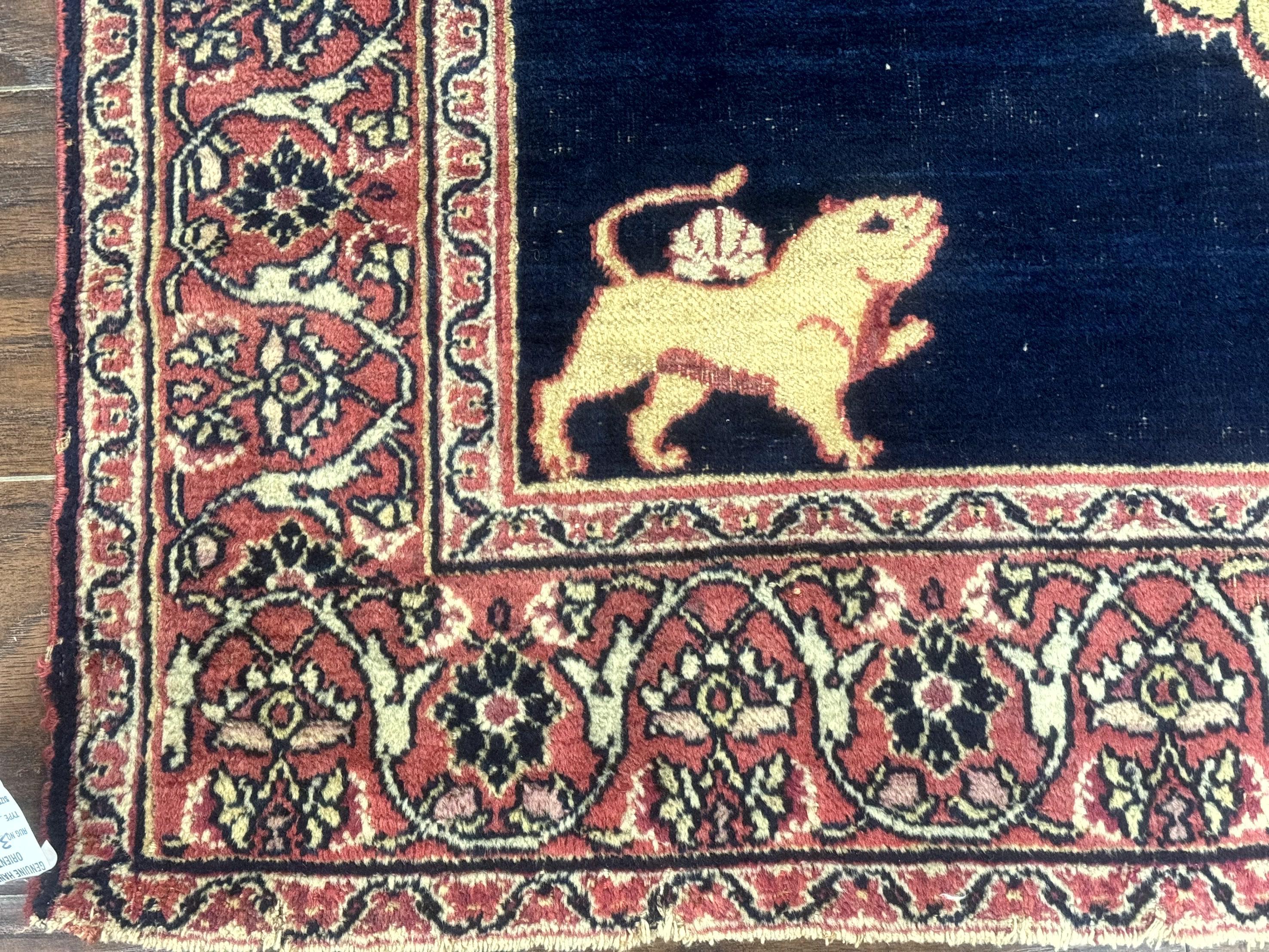 Antique Persian Mashad Rug 4x6, Semi Open Field, Navy Blue, Lion Pictorials, Triple Medallion, Dorokhsh Rug - Jewel Rugs