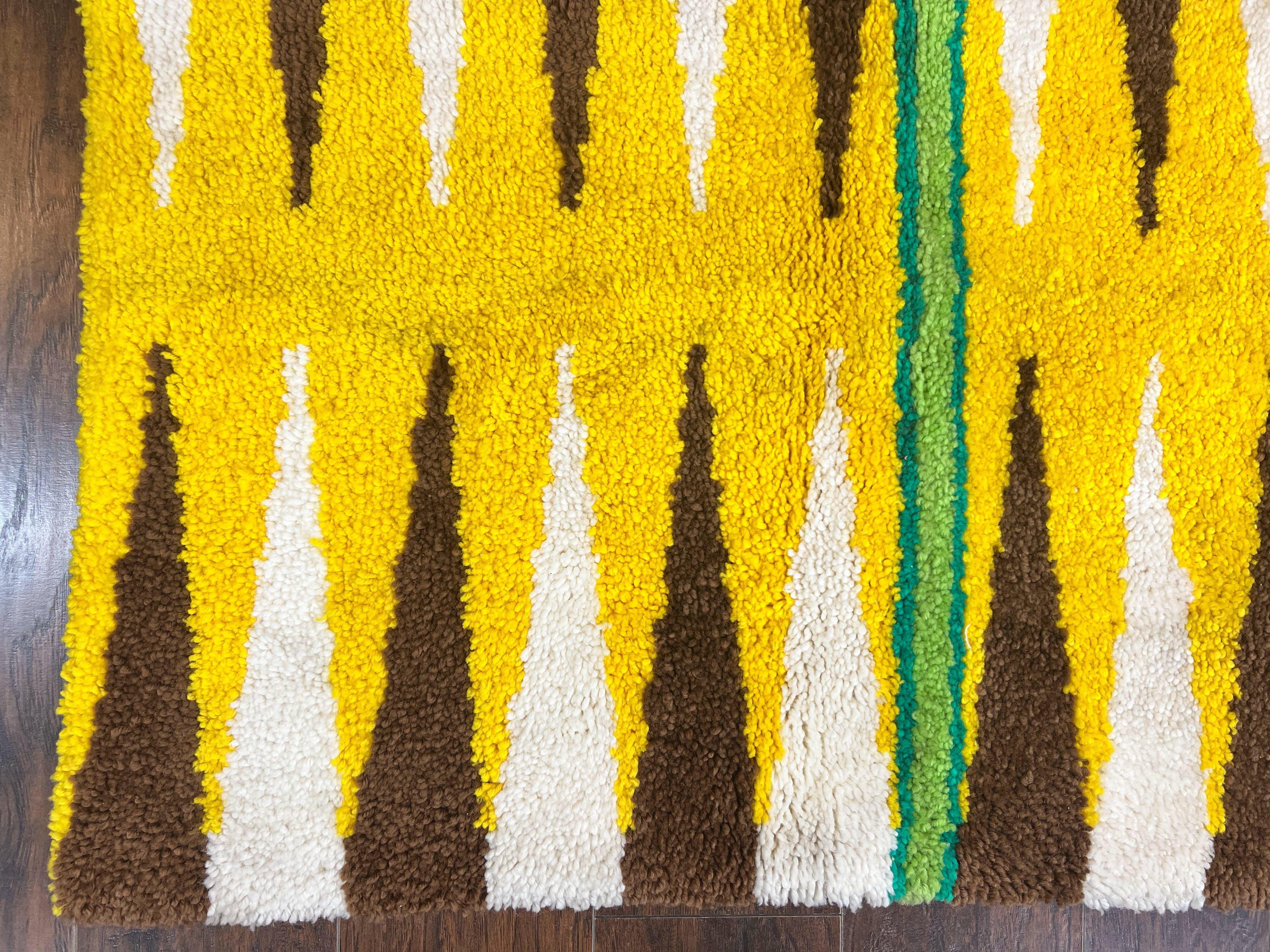 Danish Rya Rug 3x4, Vintage Mid Century Retro Rya Shag Rug, Stripes, Yellow Ivory Brown - Jewel Rugs