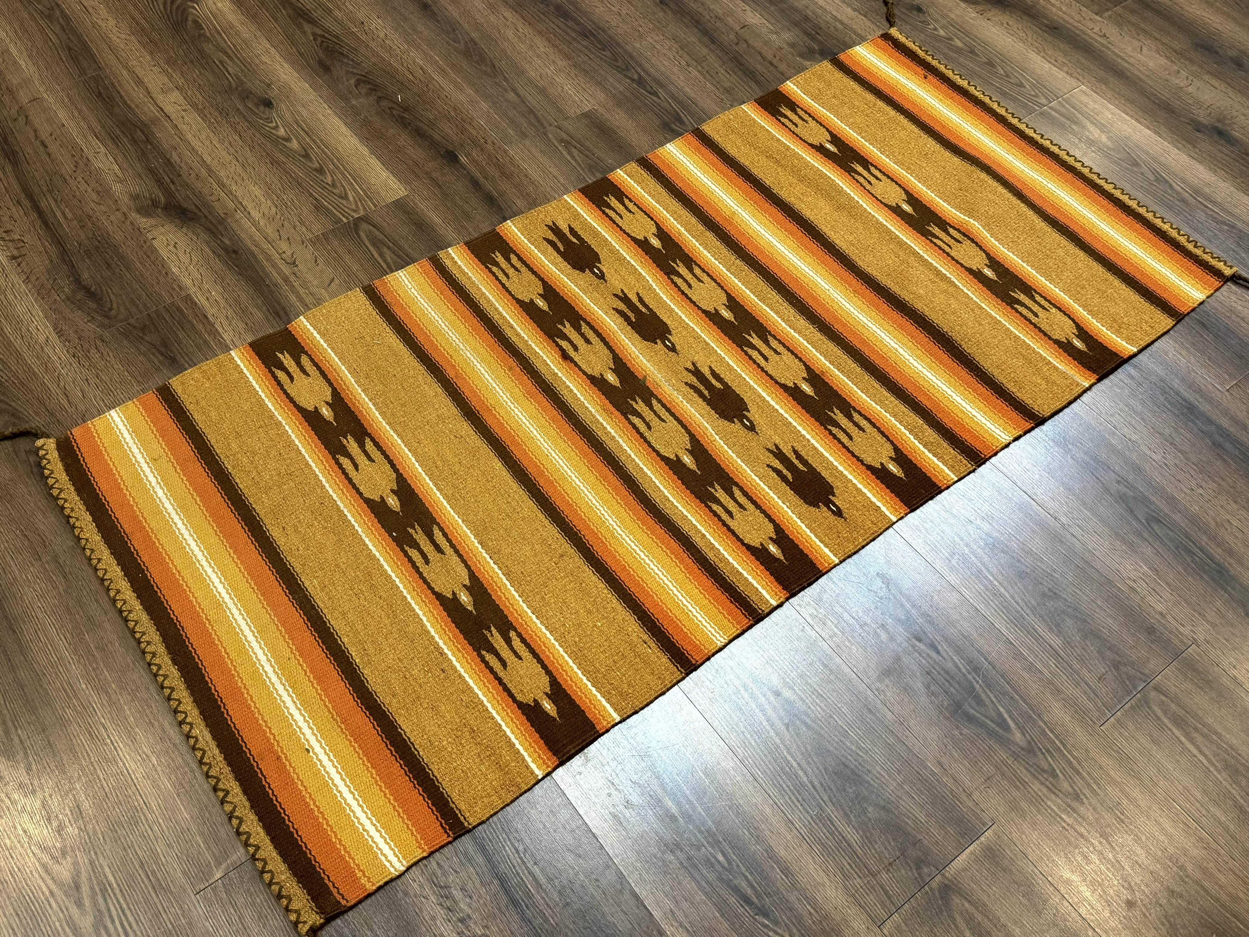 South American Rug Blanket 2.7 x 5.6, Wool, Handmade, Navajo Design, Orange Brown - Jewel Rugs