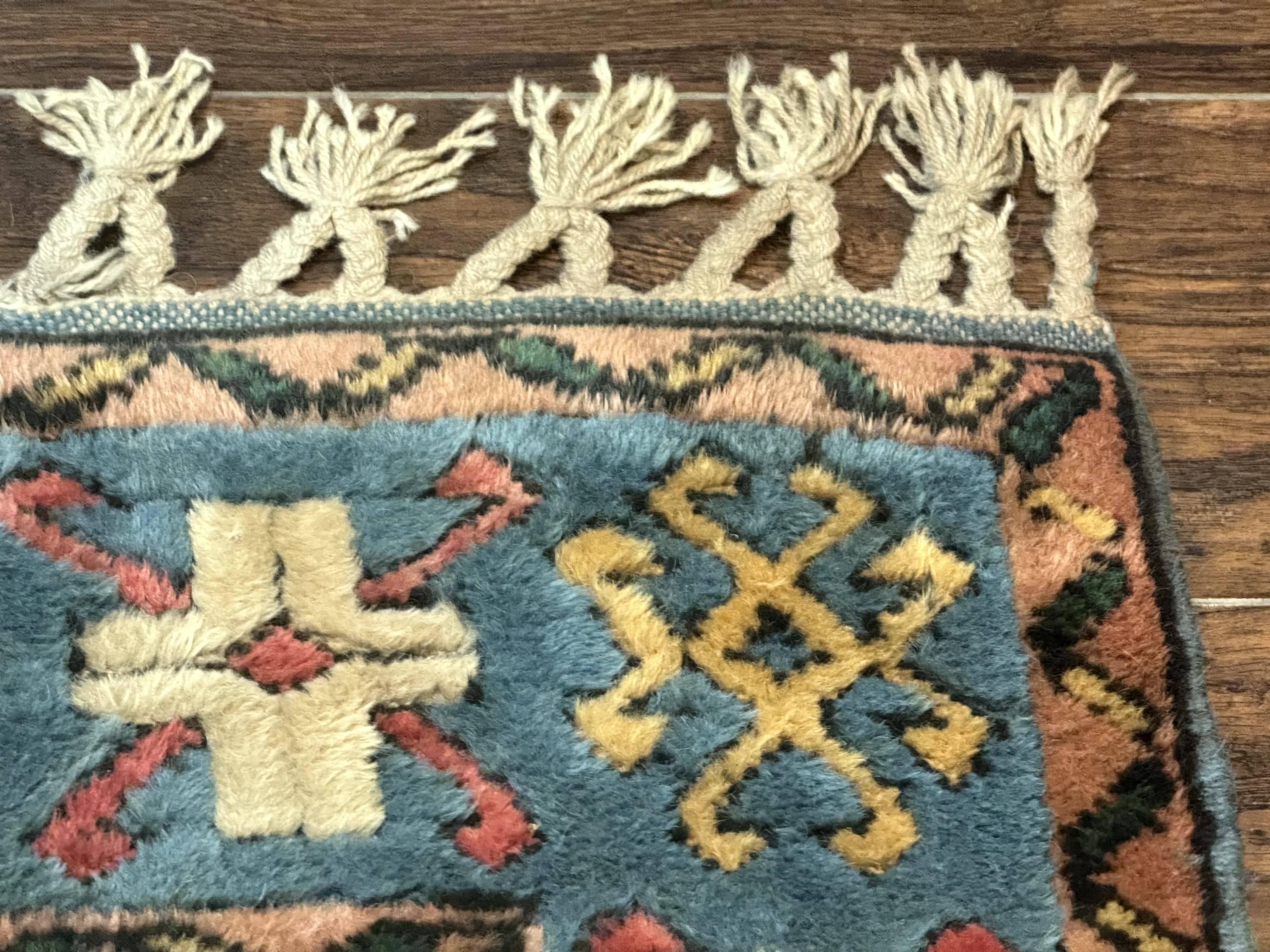 Turkish Kazak Runner Rug 3x11, Cream and Light Blue, Vintage - Jewel Rugs