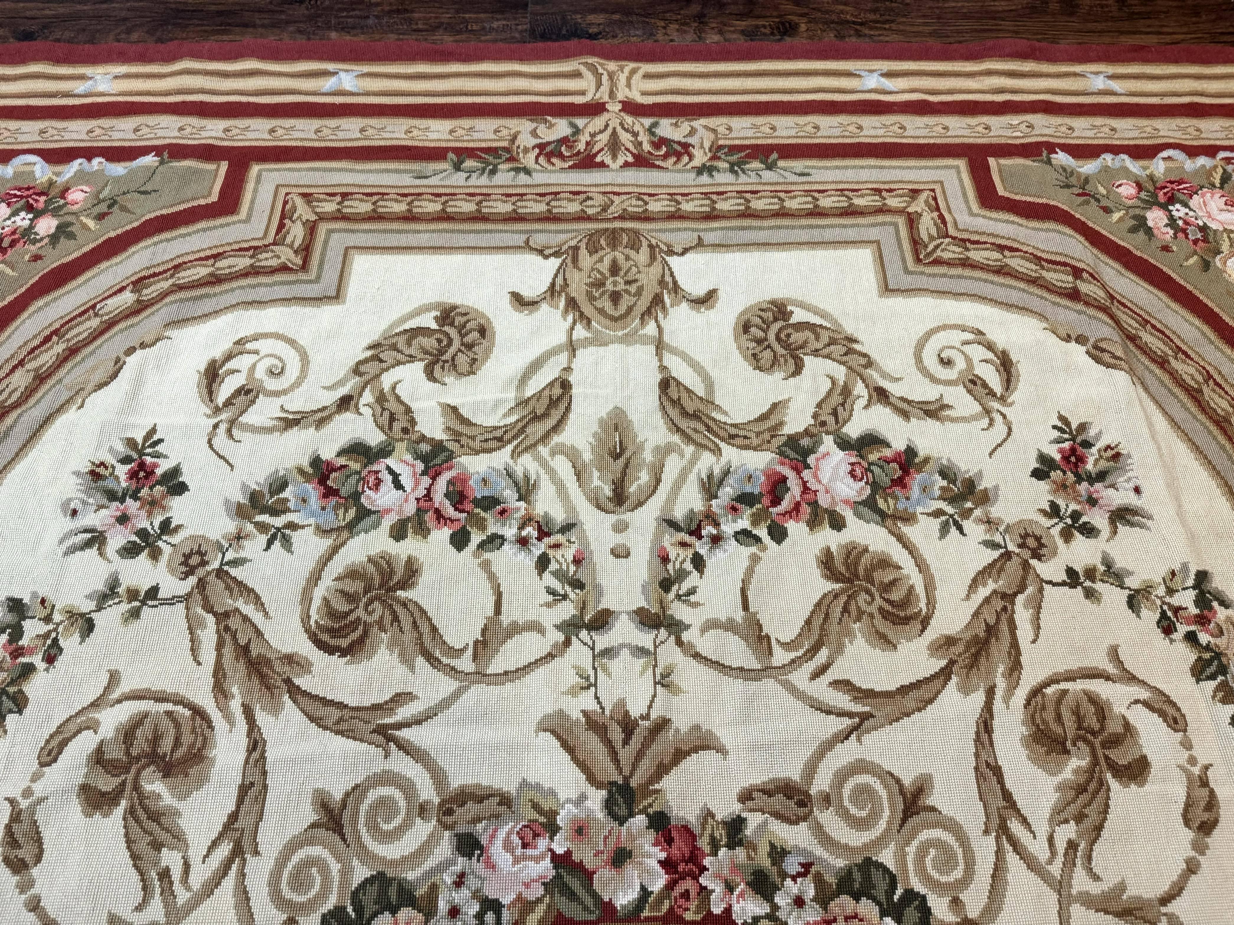 Aubusson Needlepoint Rug 9x11, Handmade Vintage Wool Flatweave Carpet, Elegant European Rug, Floral, Cream - Jewel Rugs