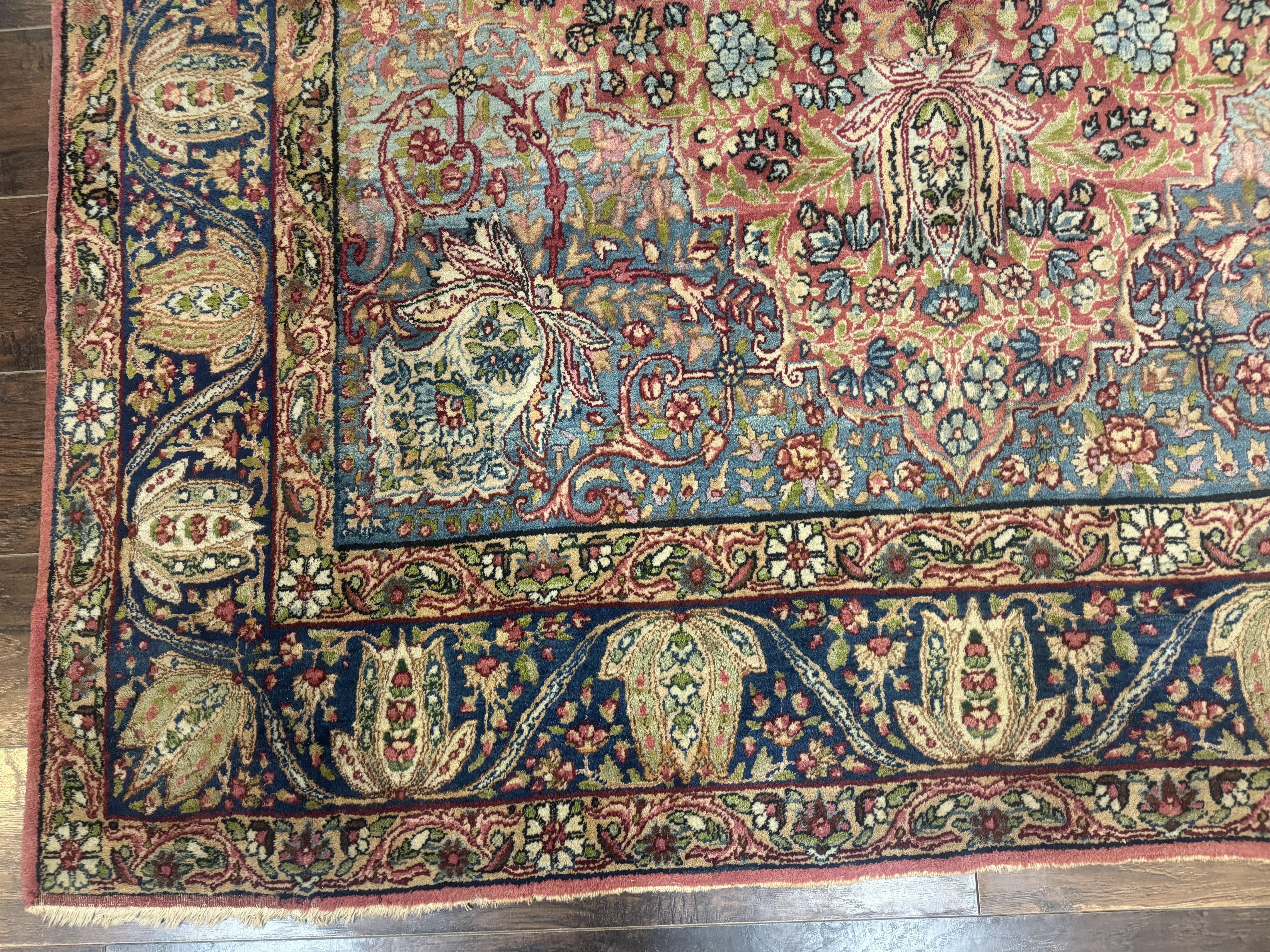 Antique Persian Kerman Lavar Rug 6x10, Colorful Navy Blue Red Light Blue, Floral, Multicolor, Very Fine, Handmade, 225 KPSI - Jewel Rugs