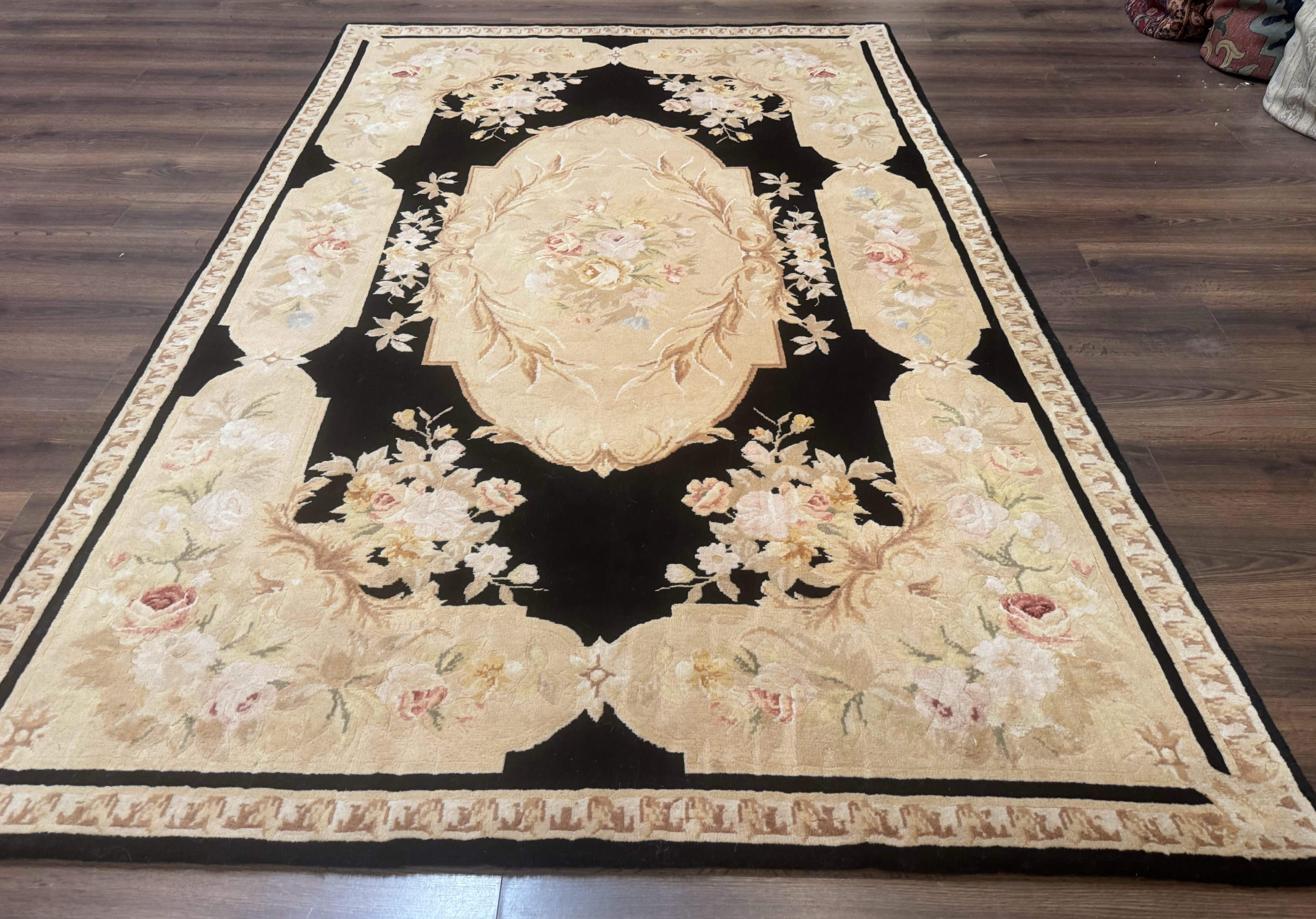 Chinese Aubusson Rug 6x9, Wool Pile, Black, Floral, Elegant - Jewel Rugs