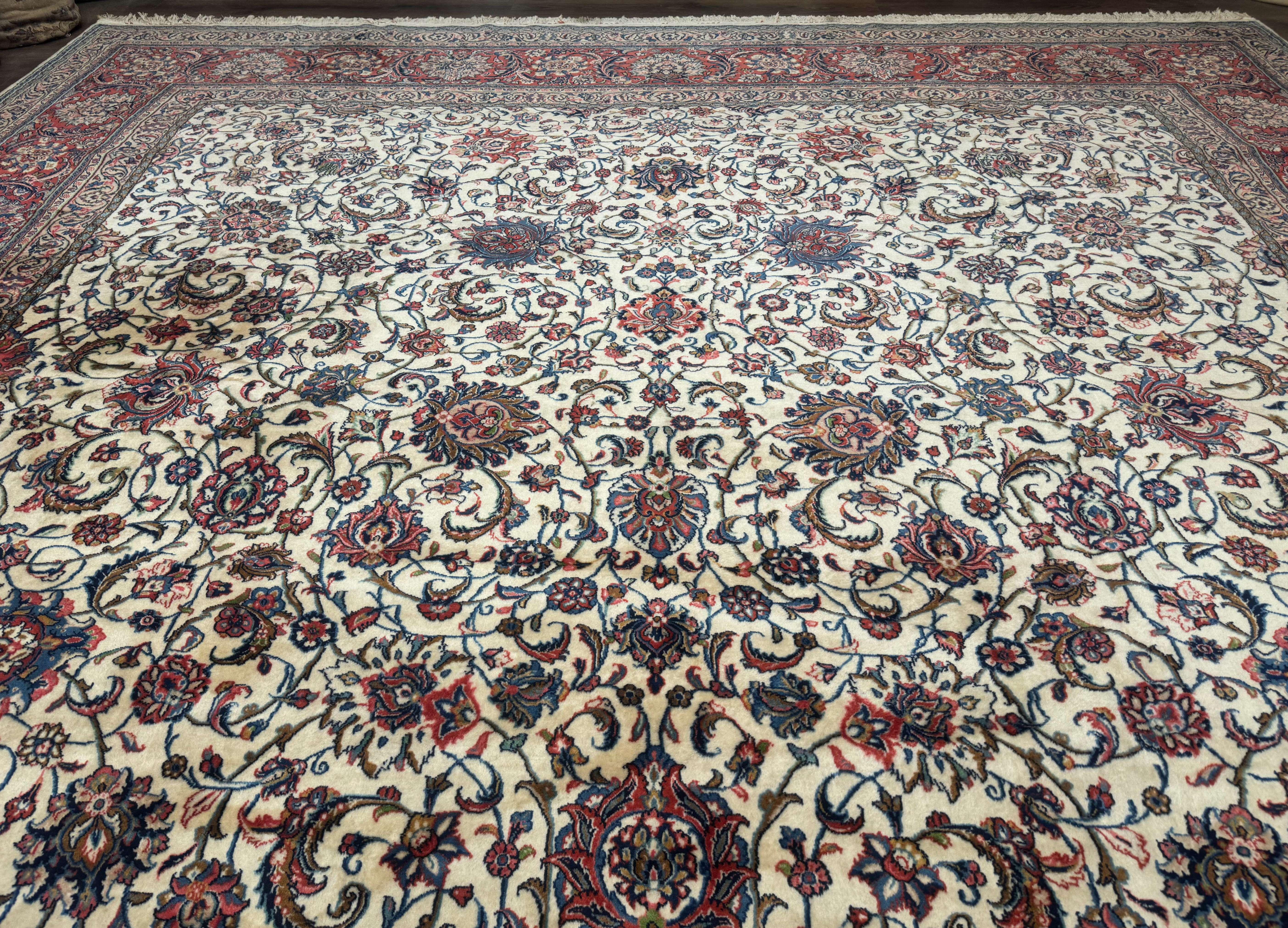 Ivory Persian Sarouk Rug 13x20, Palace Size Carpet, 225 KPSI, Traditional Wool Handmade Vintage Extra Large Rug 13 x 20 ft, Allover Pattern, - Jewel Rugs