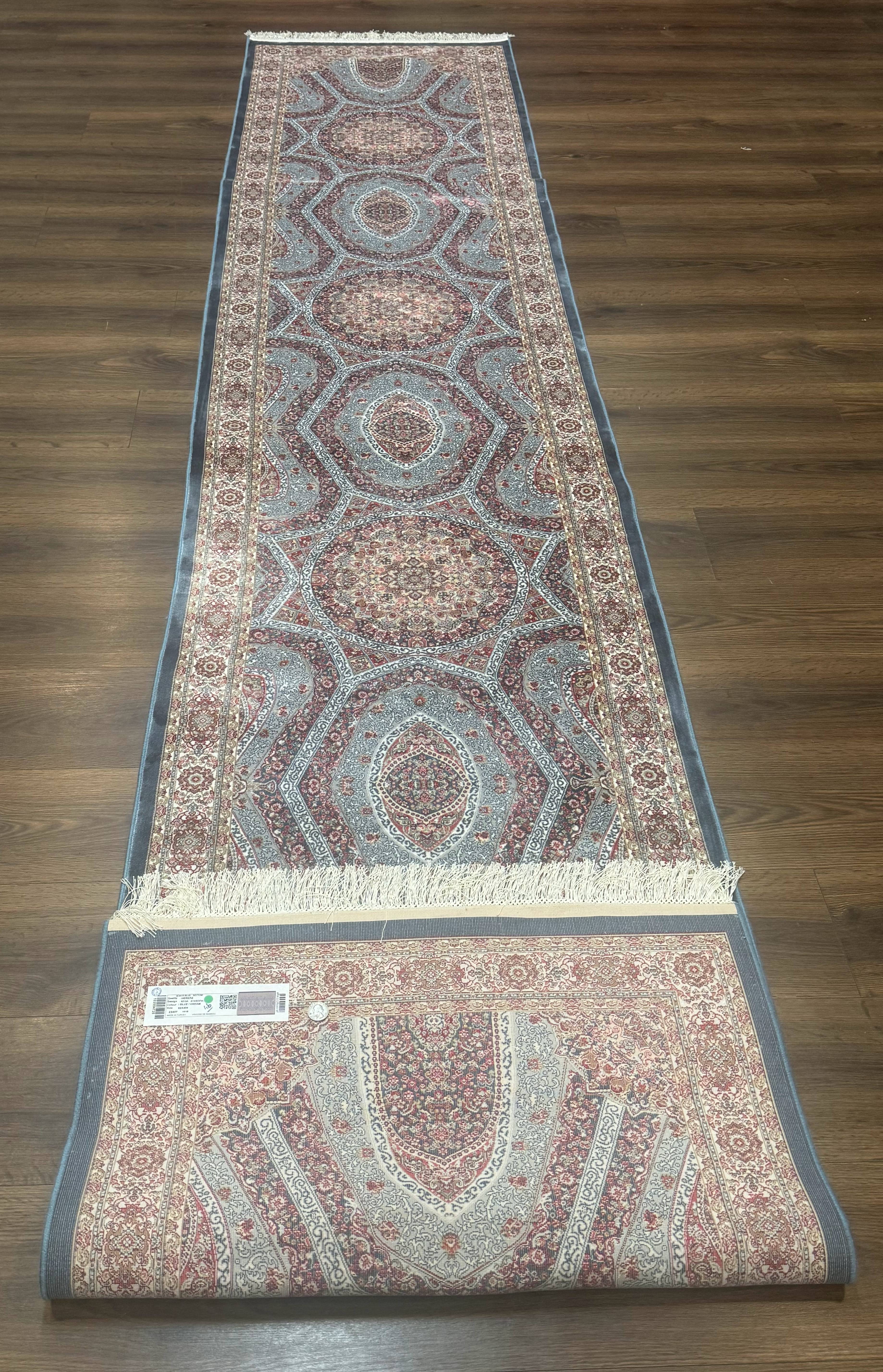 Turkish Silk Runner Rug 2.6 x 13, Blue Runner Rug, Dome Design, Bamboo Silk, New - Jewel Rugs