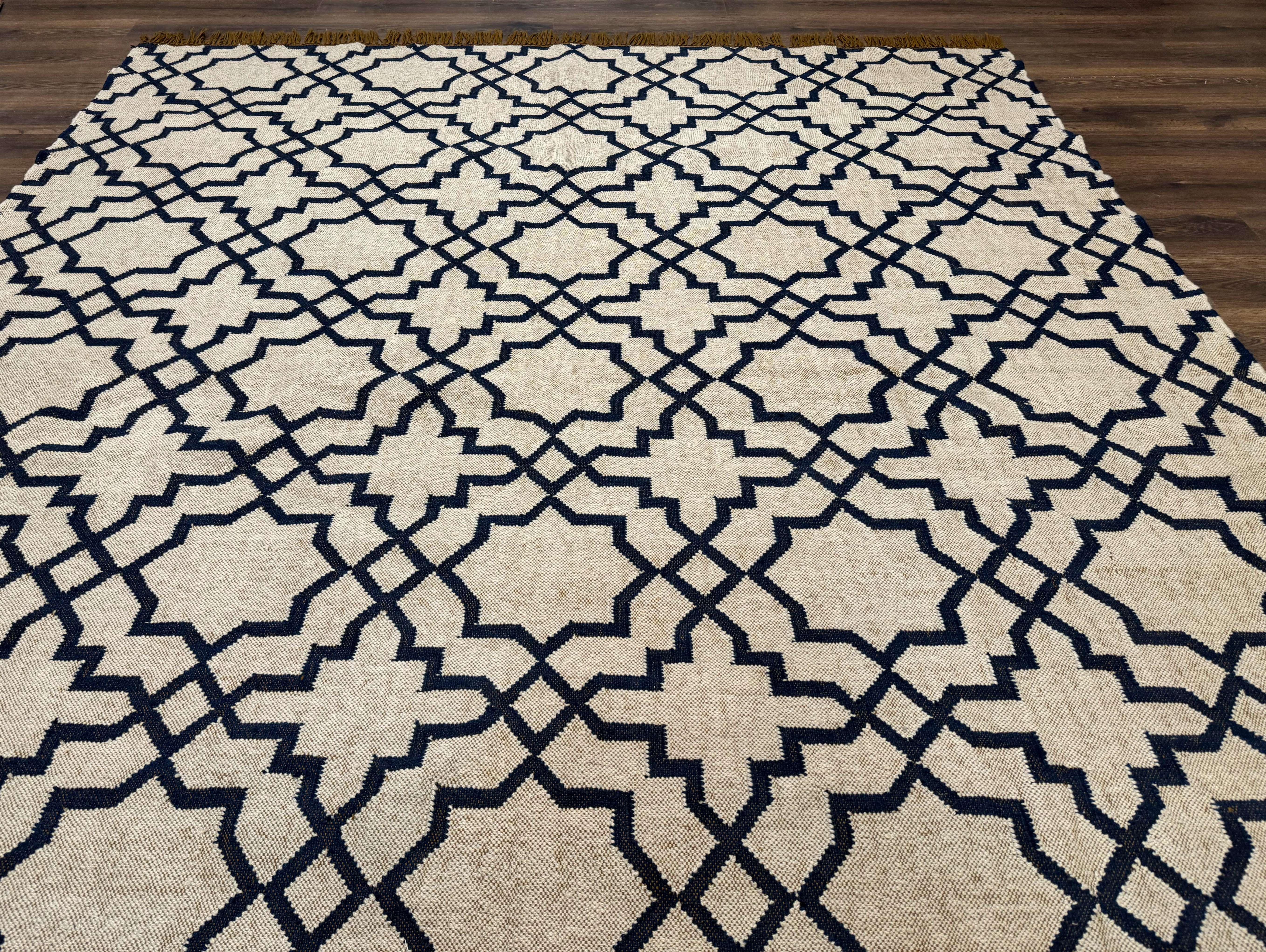 Indian Kilim Rug 8x10, Oat and Navy Blue, Dhurrie Carpet, Handmade, Wool - Jewel Rugs