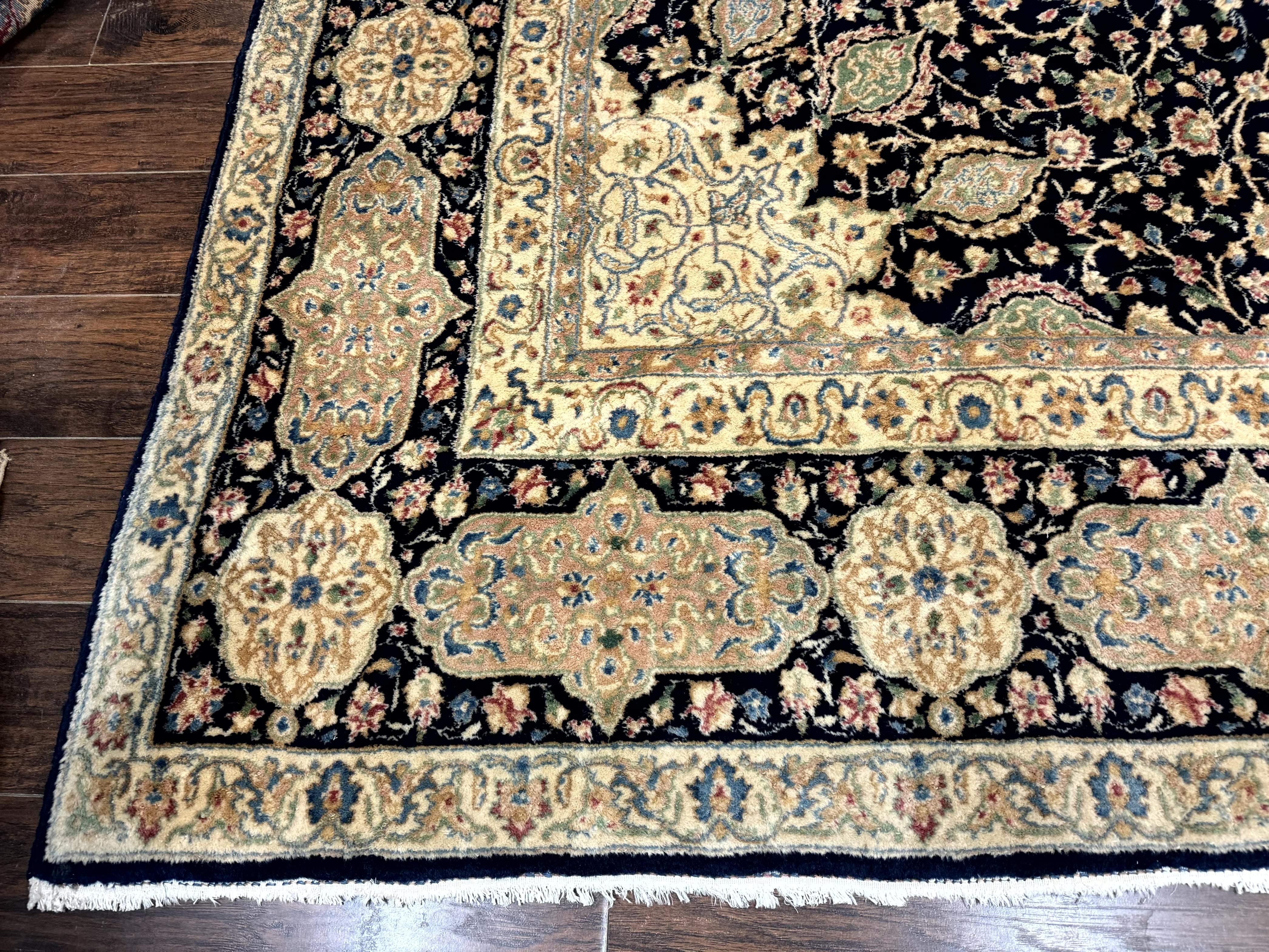 Large Persian Kerman Rug 10x14, Navy Blue and Beige, Floral Medallion, Traditional Elegant Persian Carpet, Signed by Masterweaver - Jewel Rugs