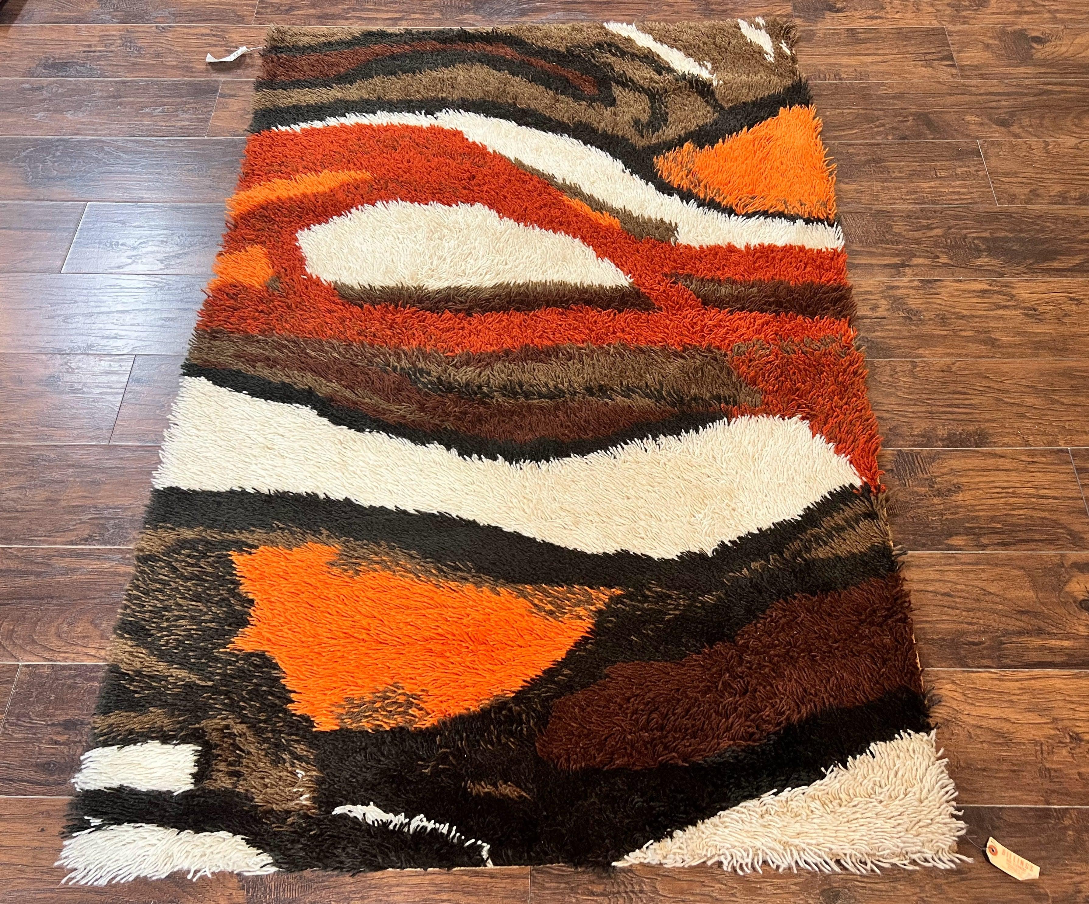 Danish Rya Rug 4x6, Mid Century Modern Abstract EGE Rya Carpet, Vintage Retro Shag Rug, Orange Brown Ivory Black - Jewel Rugs