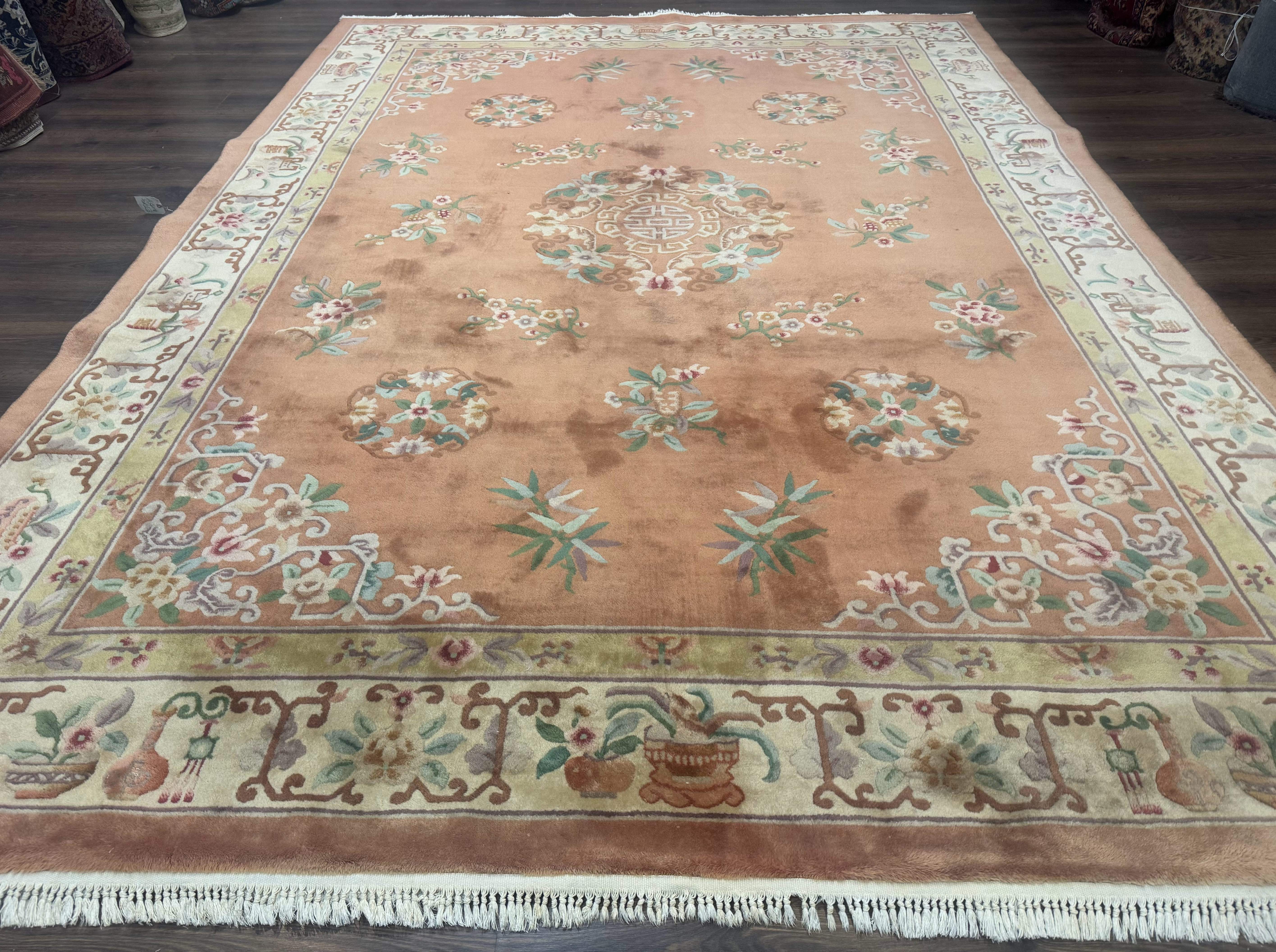Chinese Wool Rug 9x12 – Apricot-Peach, Hand-Knotted Wool Vintage 90 Line Carpet - Jewel Rugs
