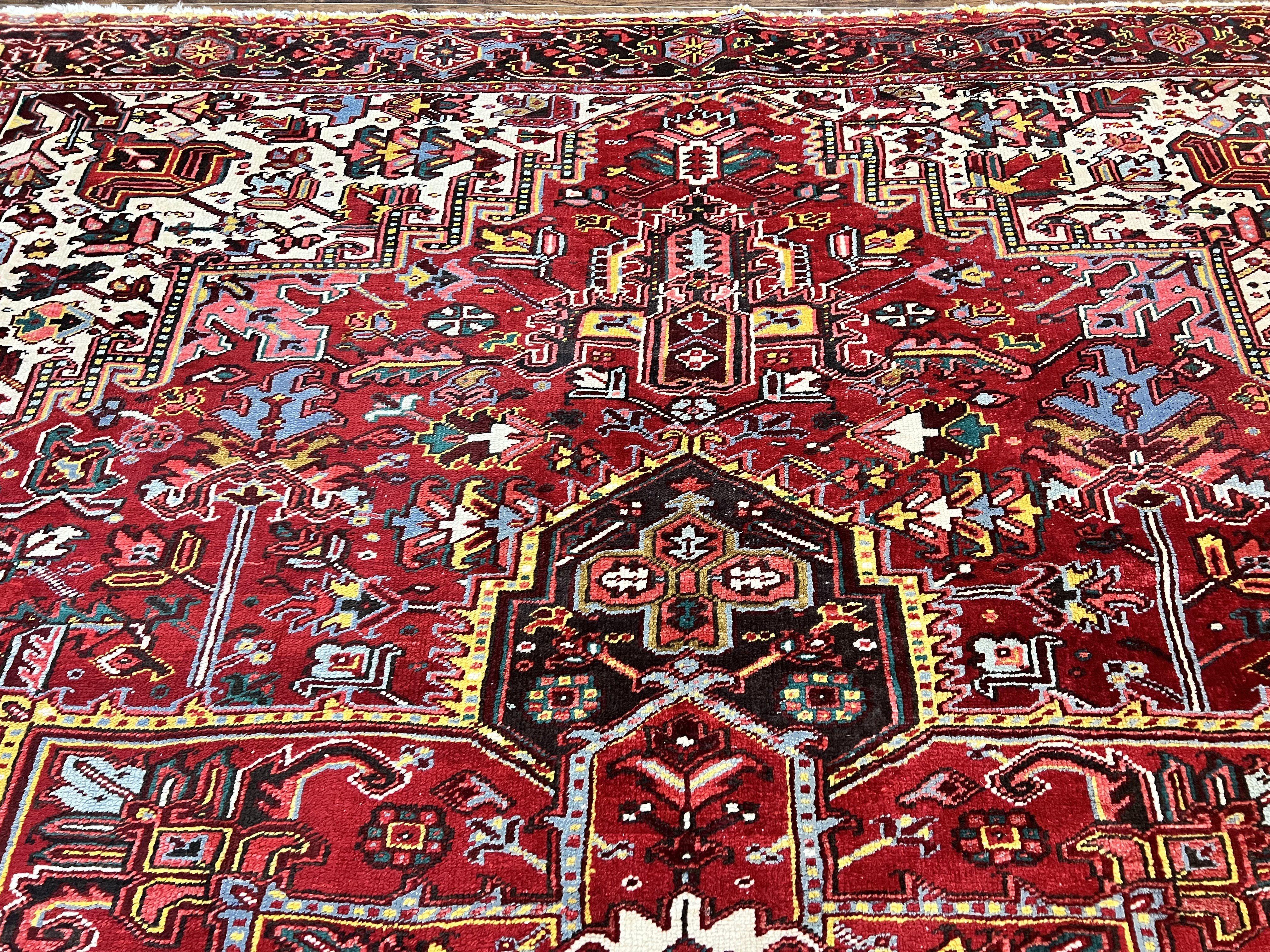 Persian Heriz Rug 10x13, Wool Hand Knotted Vintage Carpet, Geometric Medallion Tribal Oriental Rug, Red & Ivory, 10 x 13 Large Sized Rug - Jewel Rugs