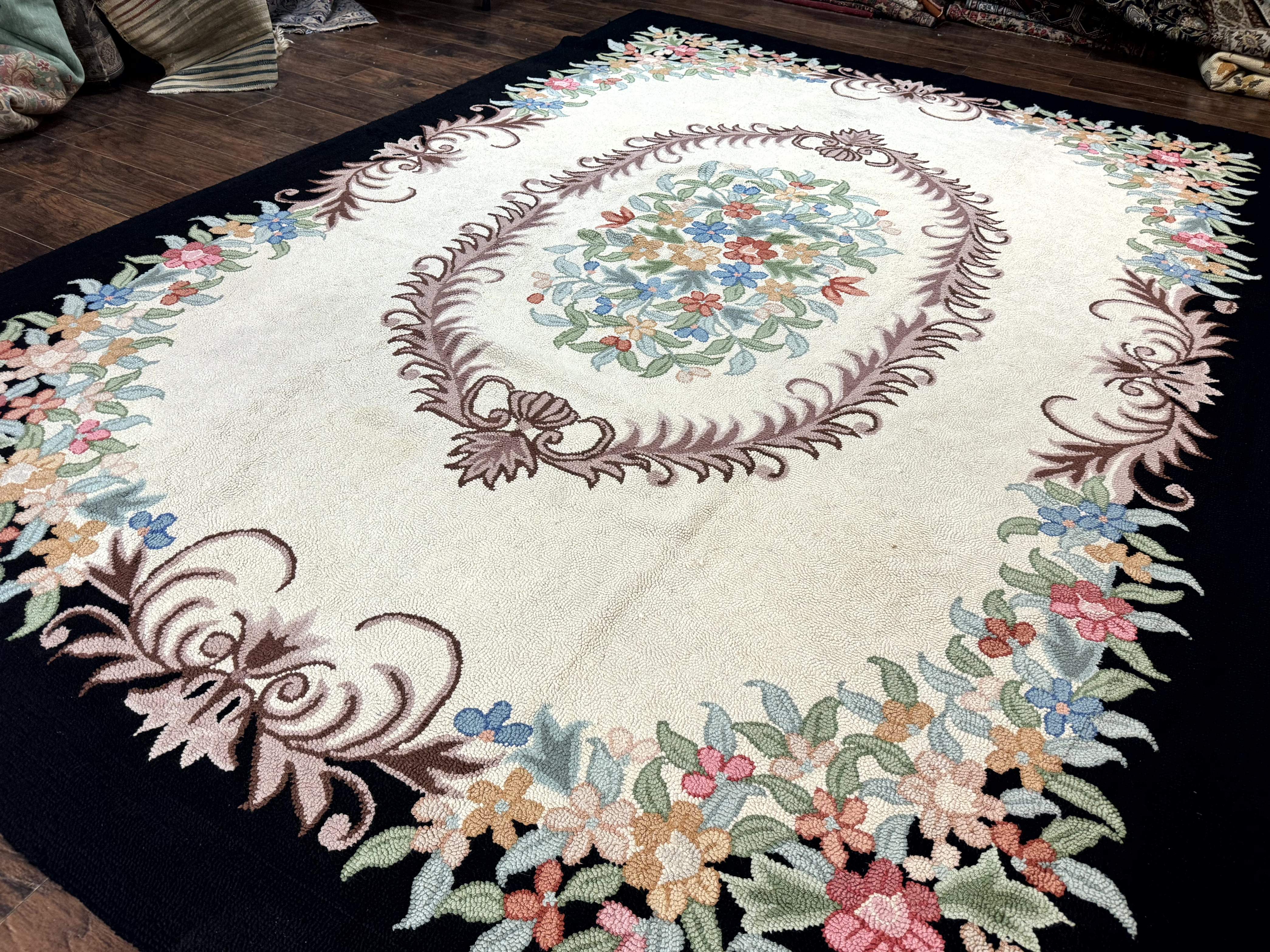 Large American Hooked Rug 8x11, Vintage Ivory Black Floral Carpet - Jewel Rugs