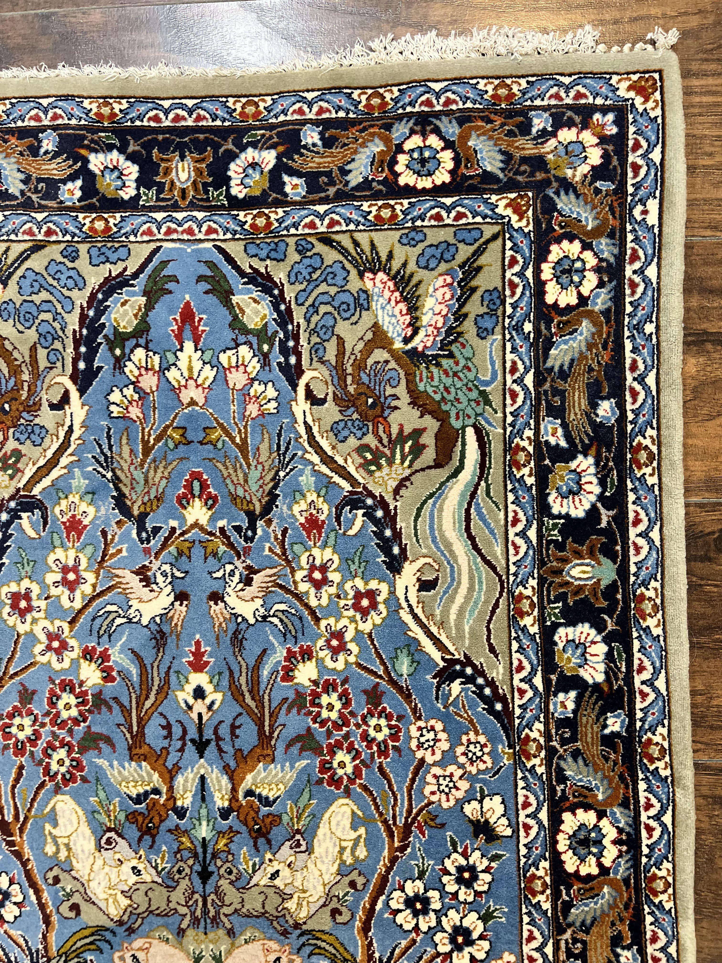 Persian Isfahan Tree of Life Rug 2.5 x 3.8, Animal & Bird Pictorials, Super Fine 500 KSPI, Blue, Handmade, Kork Wool Silk Highlights, Vintage - Jewel Rugs