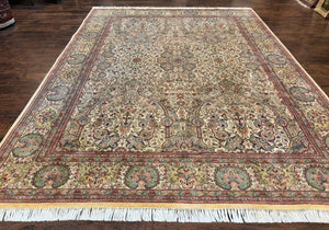 Pak Persian Rug 8x10, Cream Multicolor Highly Detailed Fine Floral Oriental Carpet, Handmade Wool Vintage Rug, 240 KPSI