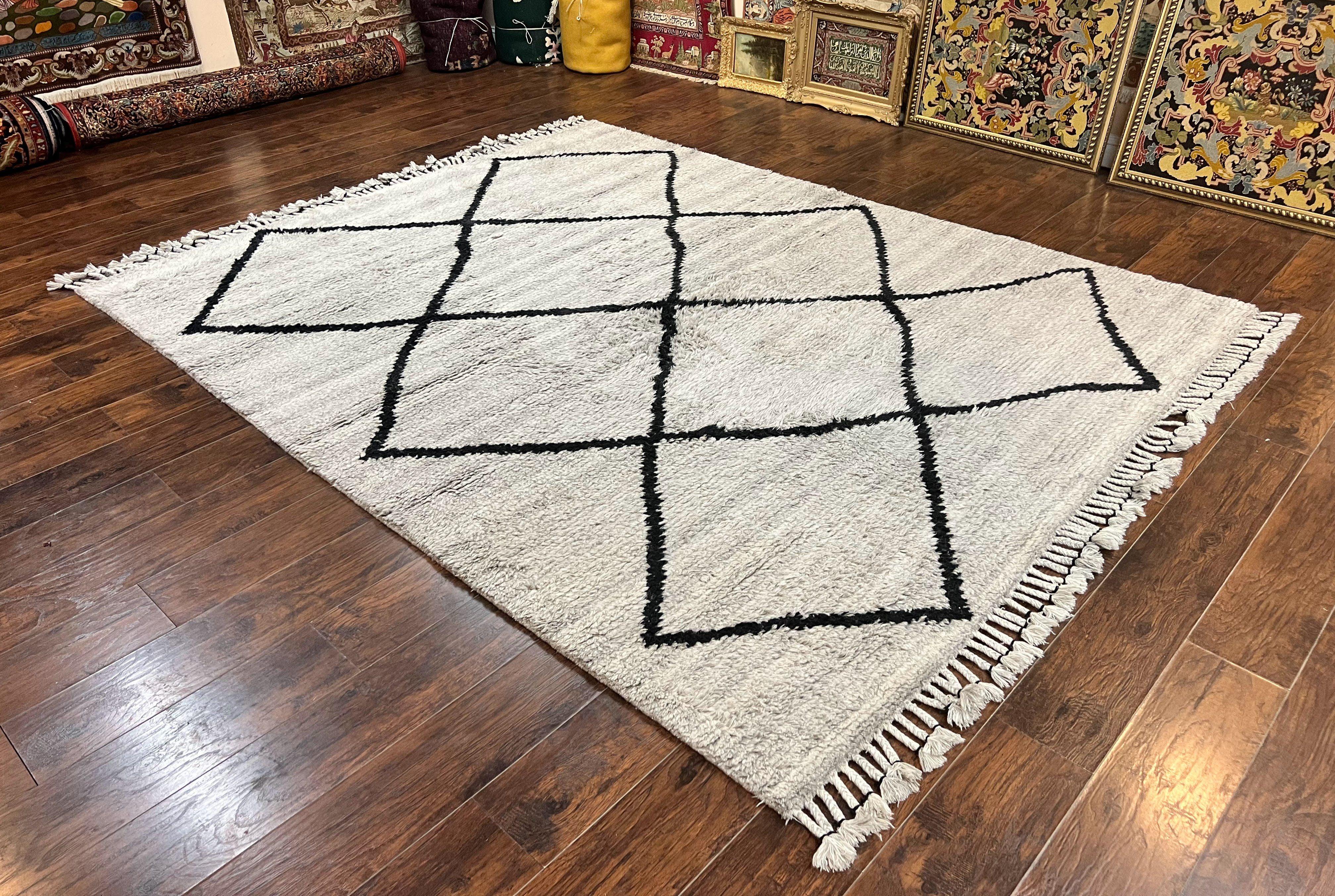 Modern Shag Rug 8x10, Gray and Black, Wool and Cotton, Lulu and Georgia, Handmade Indian Shag Rug - Jewel Rugs
