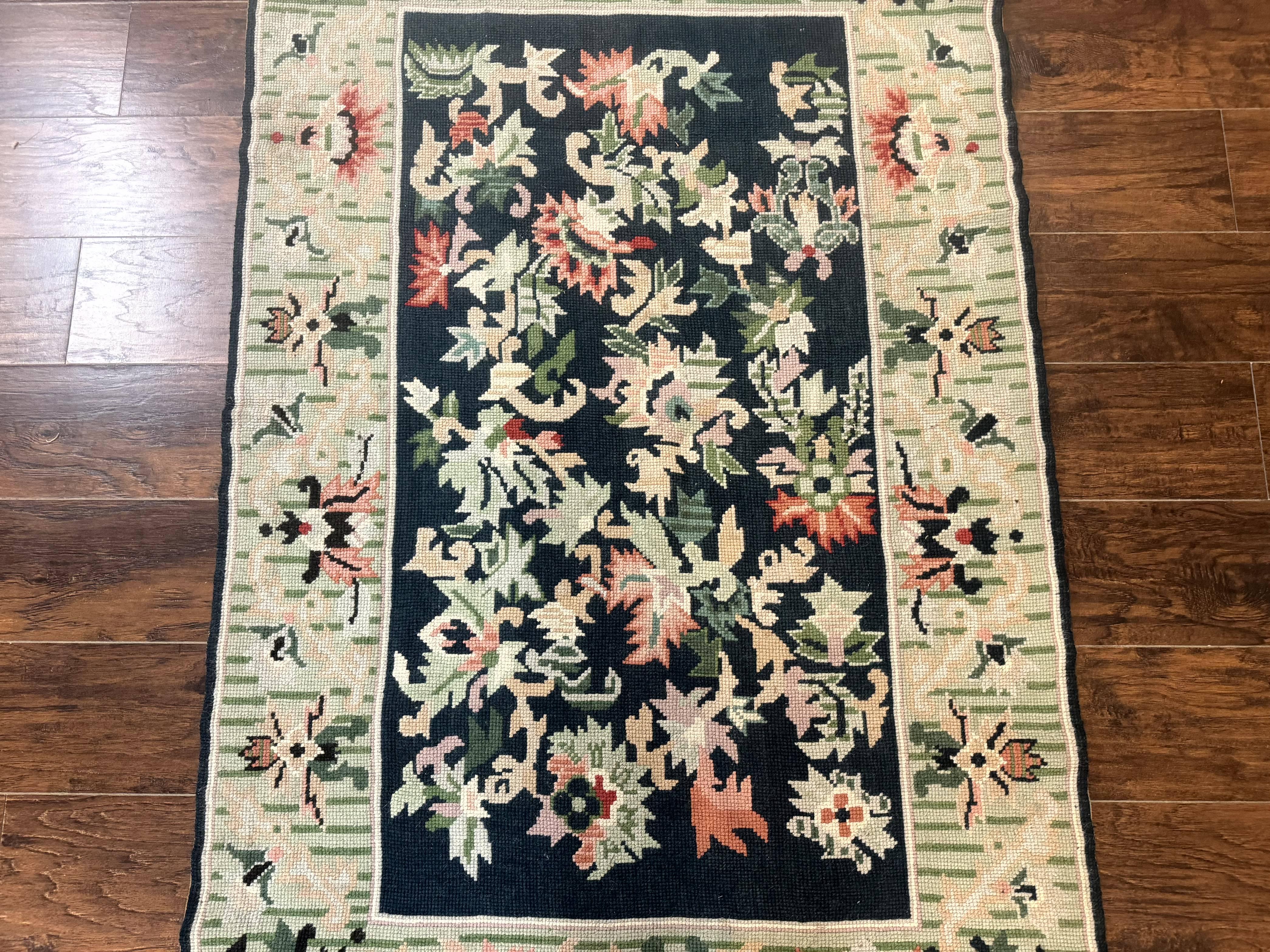 Vintage American Needlepoint Rug 4x6, Dark Green, Wool, Handmade, Flatweave Carpet - Jewel Rugs
