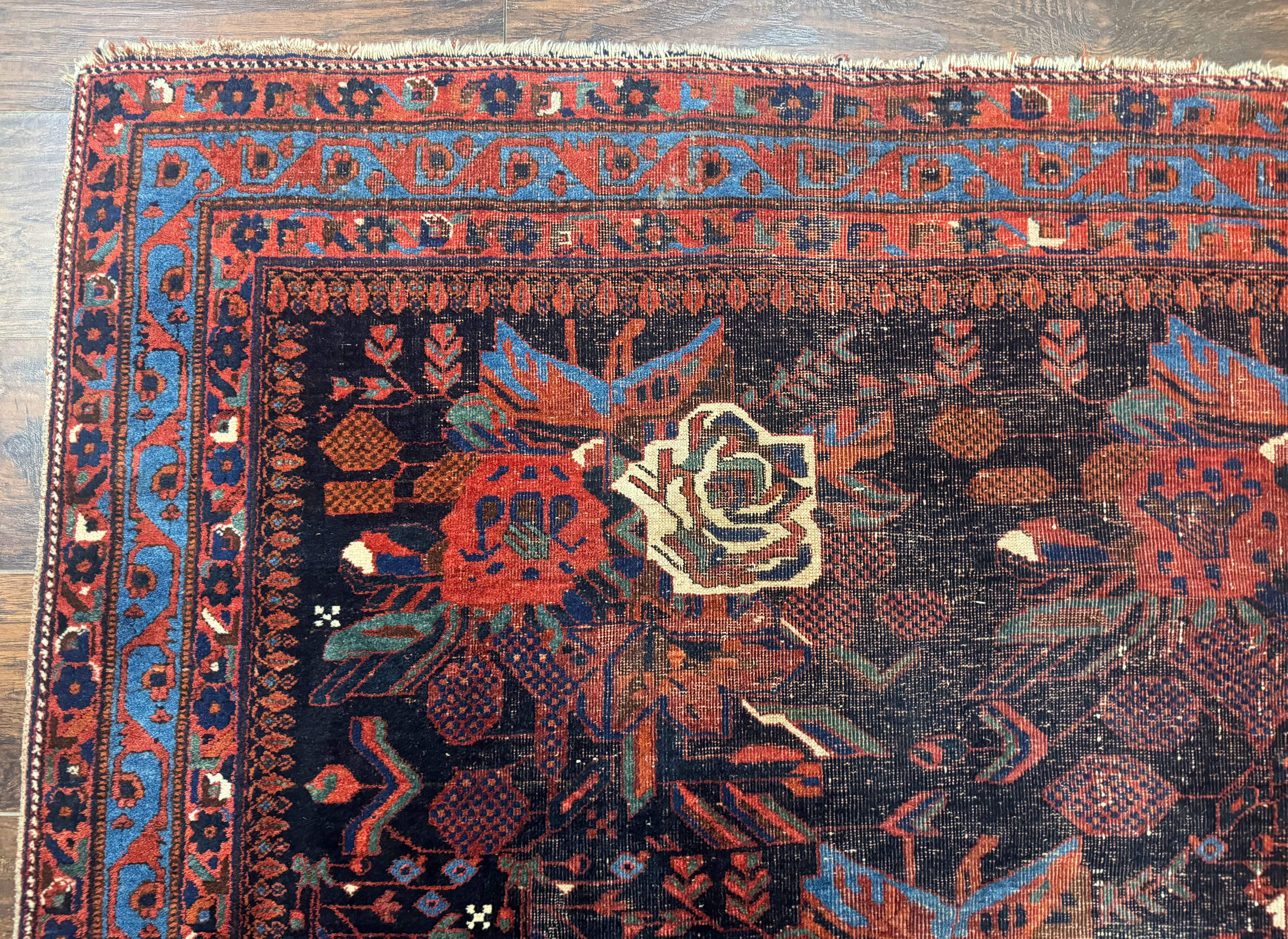 Persian Afshar Tribal Rug 5x6 – Navy and Red, Hand-Knotted Wool, Antique Carpet, Floral - Jewel Rugs