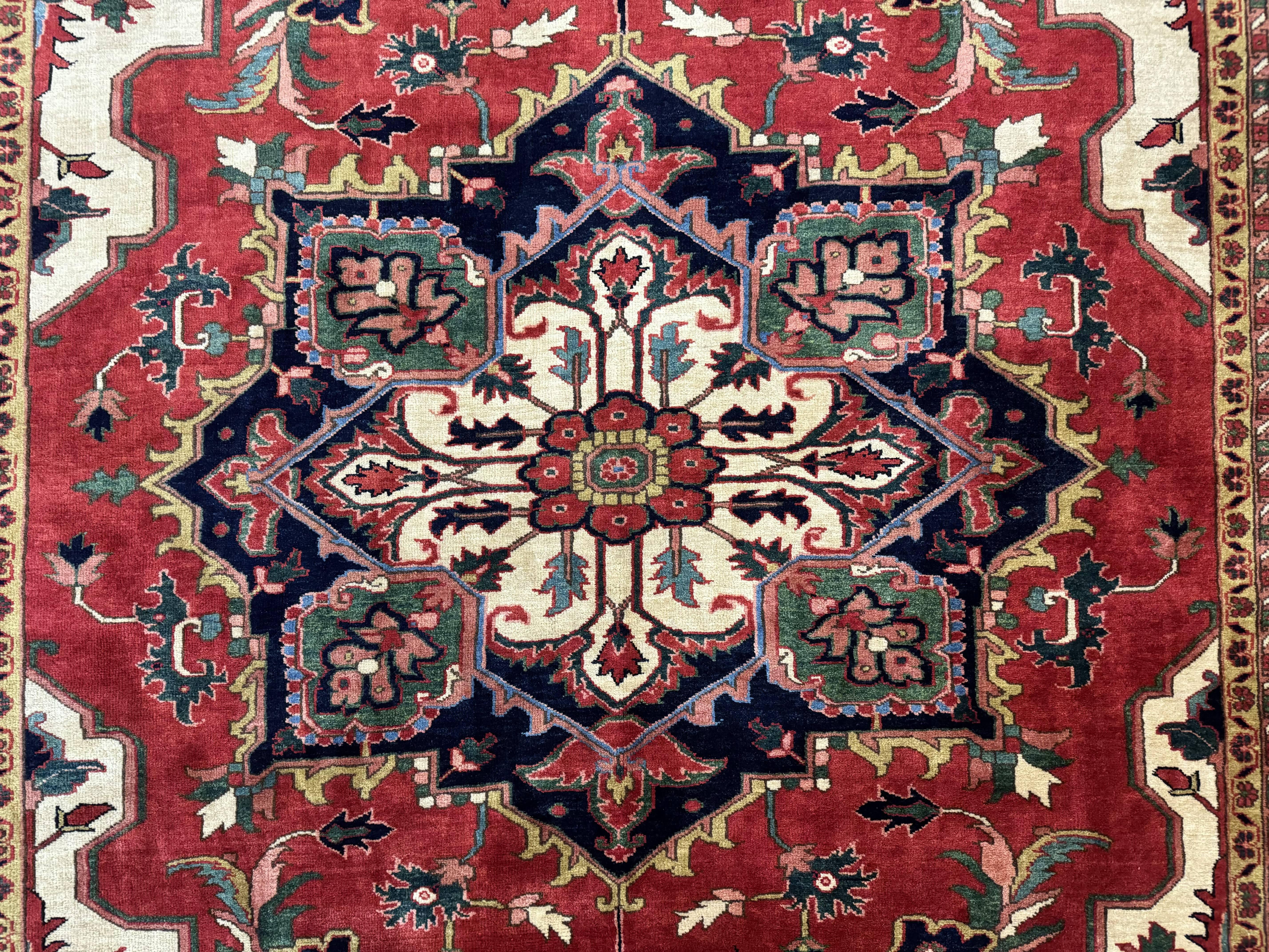Persian Heriz Serapi Rug 8 x 10.6, Geometric Medallion, Great Colors, Rare, Red Navy Blue Ivory - Jewel Rugs