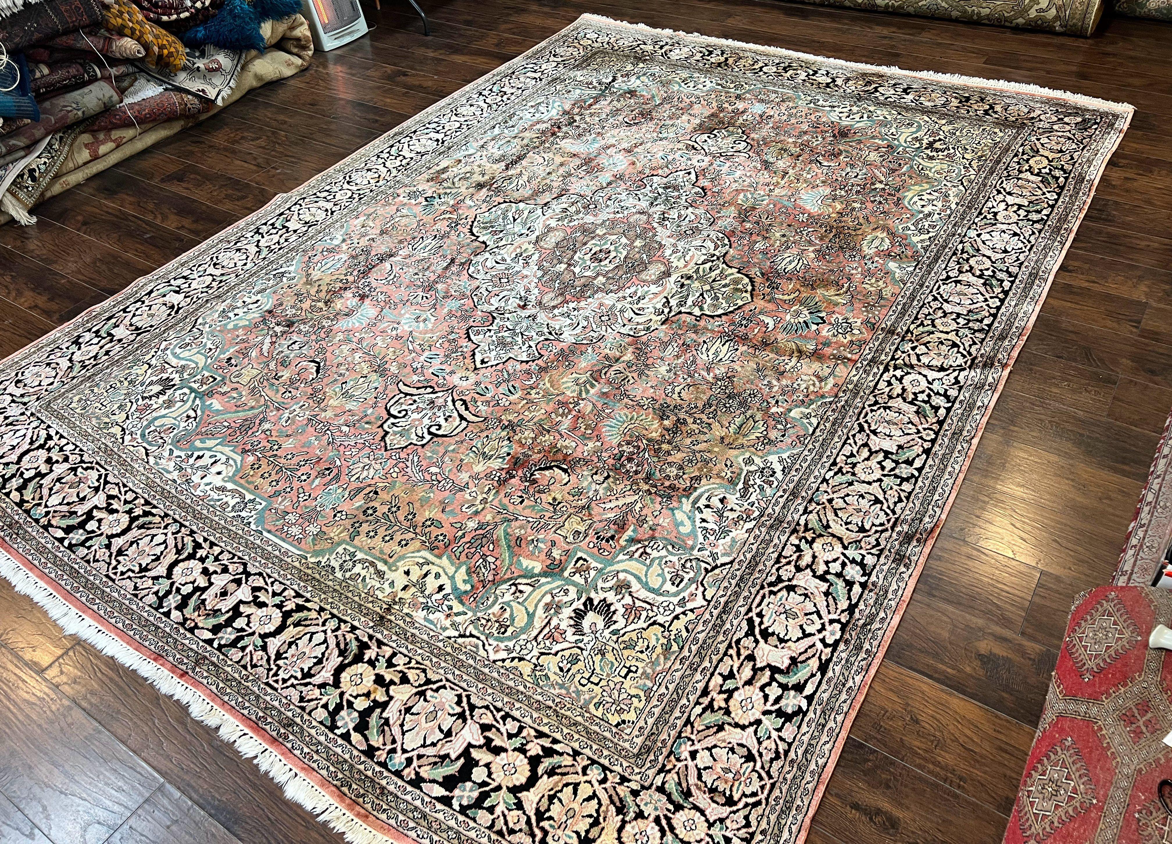 Indian Kashmiri Silk Rug 9x12, Vintage Rug 9 x 12 ft, Salmon Ivory Black Hand-Knotted Silk on Cotton Oriental Floral Carpet, Traditional Rug - Jewel Rugs