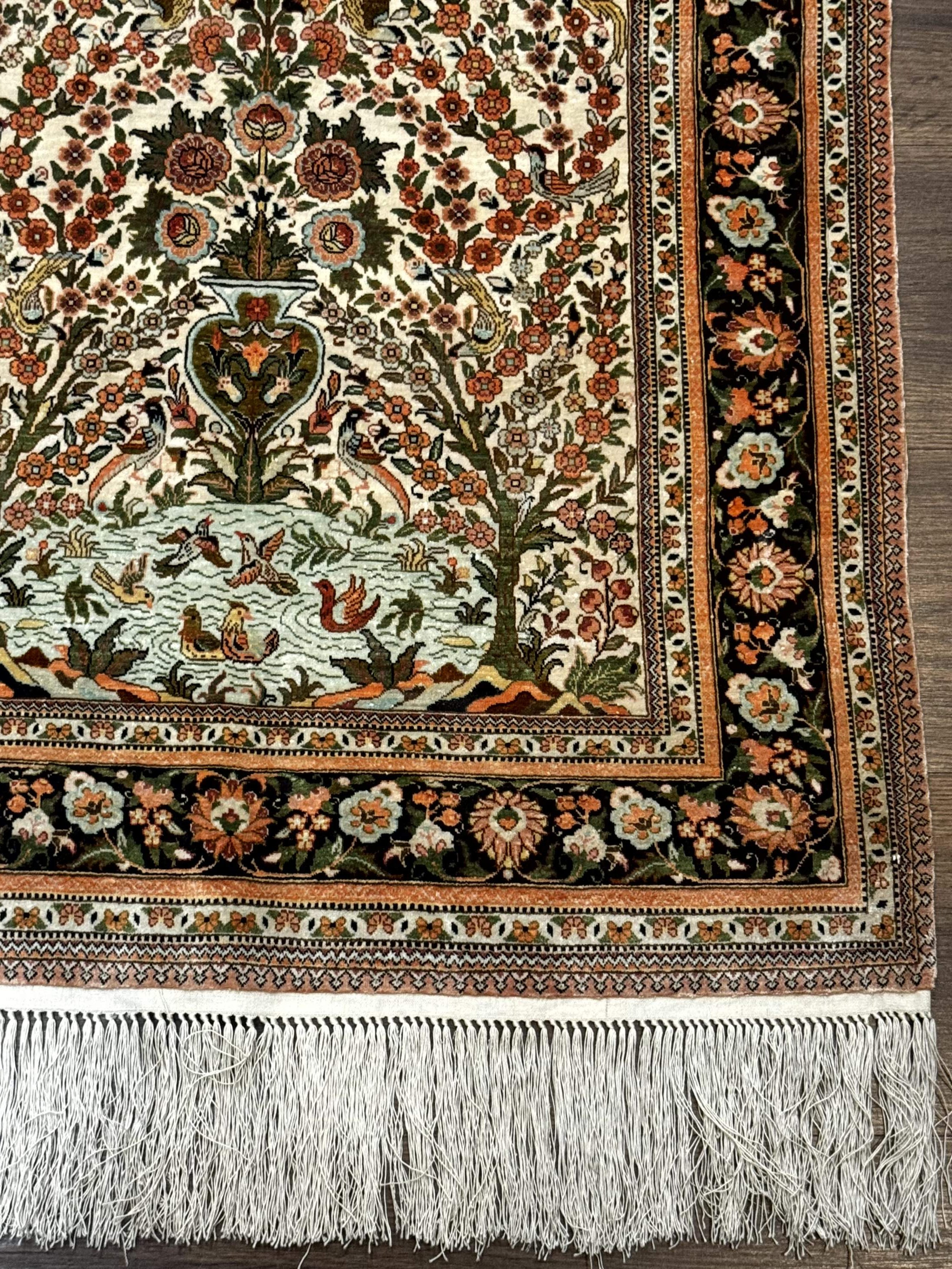 Exceptional Silk Rug 2.6 x 4, Very Fine 630 KPSI, Persian Vase Tree of Life Bird Pictorials, Handmade - Jewel Rugs
