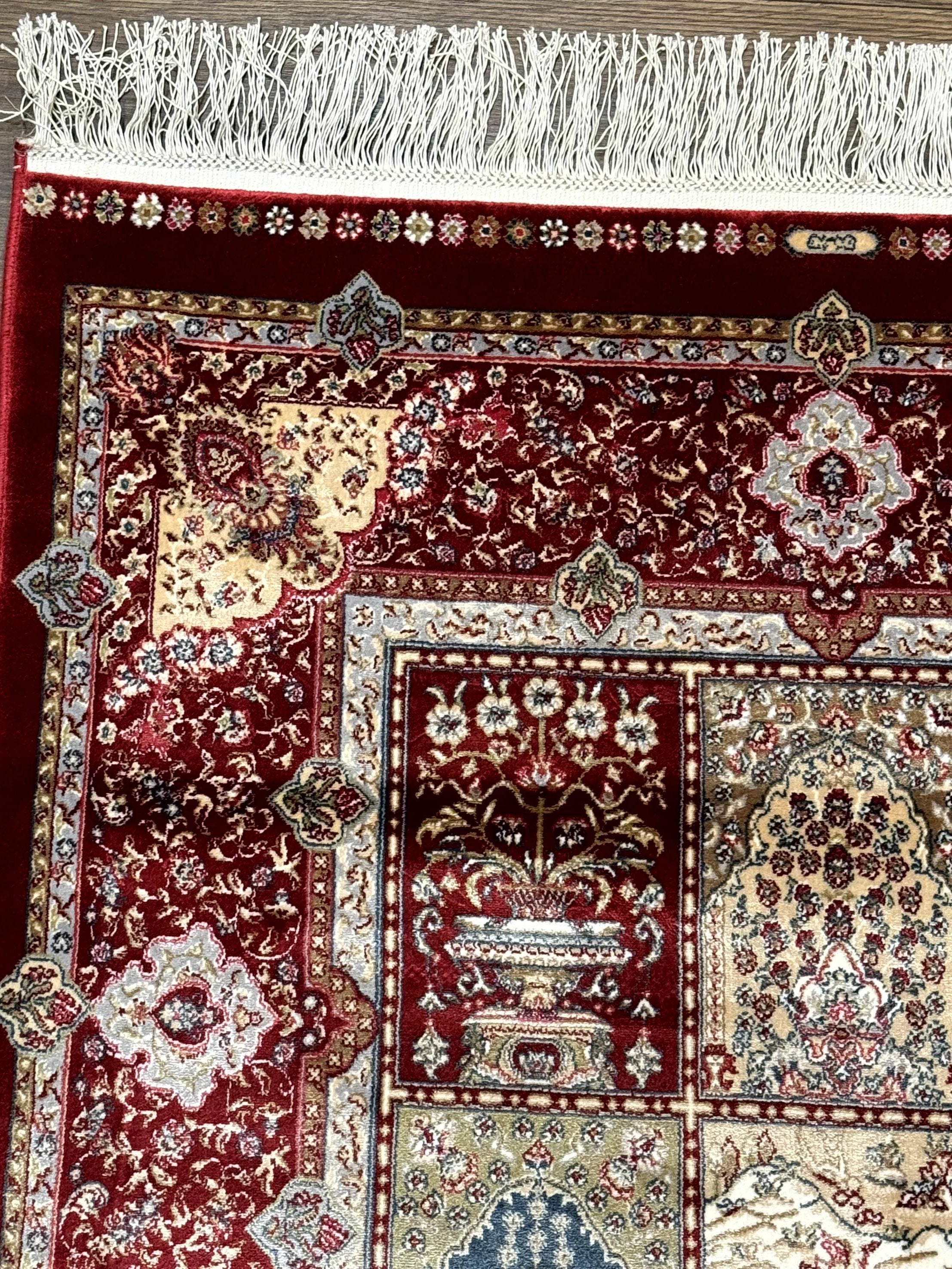 Turkish Silk Runner Rug 2.6 x 11.6, Panel Design, Dark Red Ivory, Bamboo Silk, New - Jewel Rugs