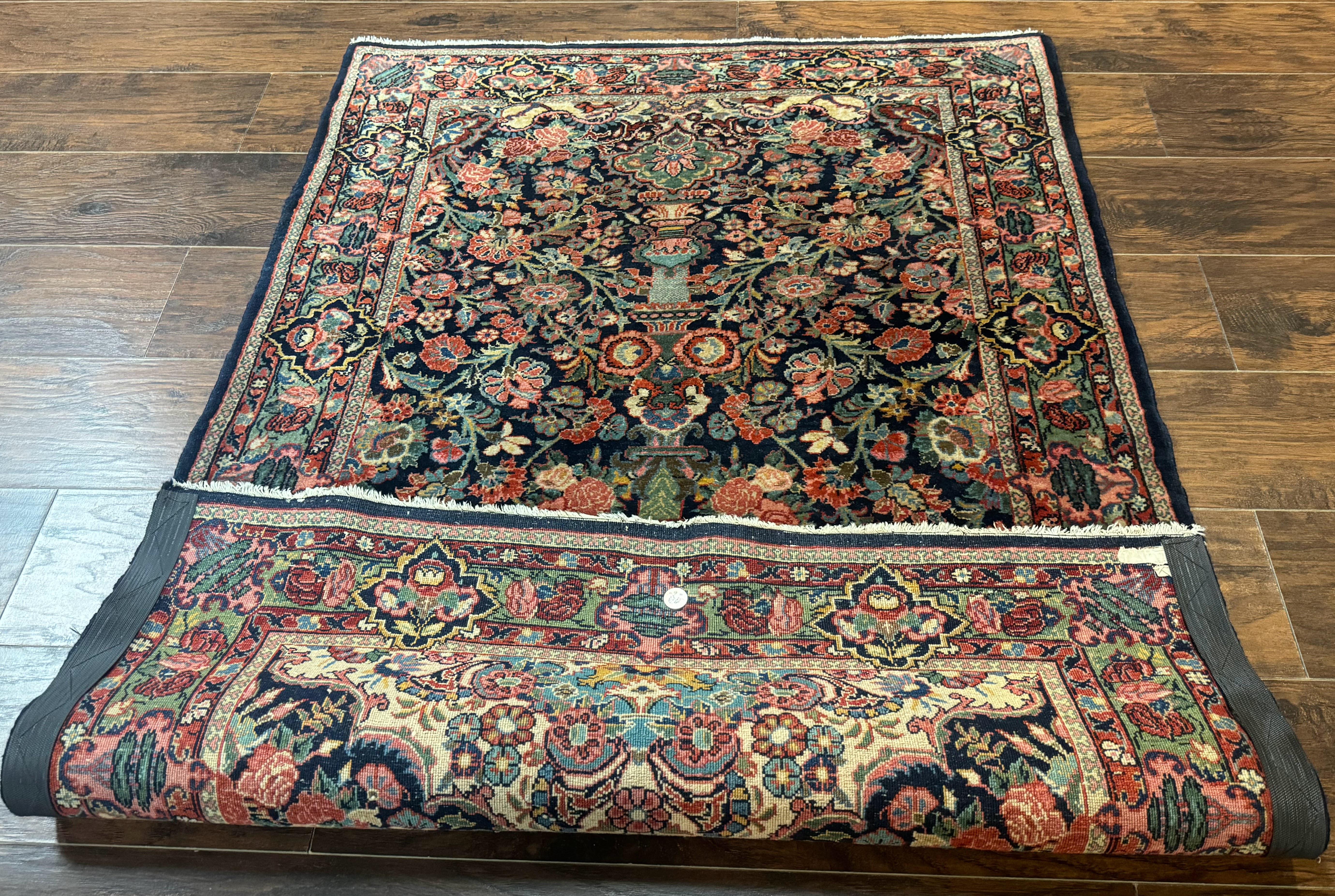 Antique Persian Rug 4x5, Navy Blue 1920s Carpet, Wool, Rare, Fine, Persian Hamadan Bidjar Carpet - Jewel Rugs