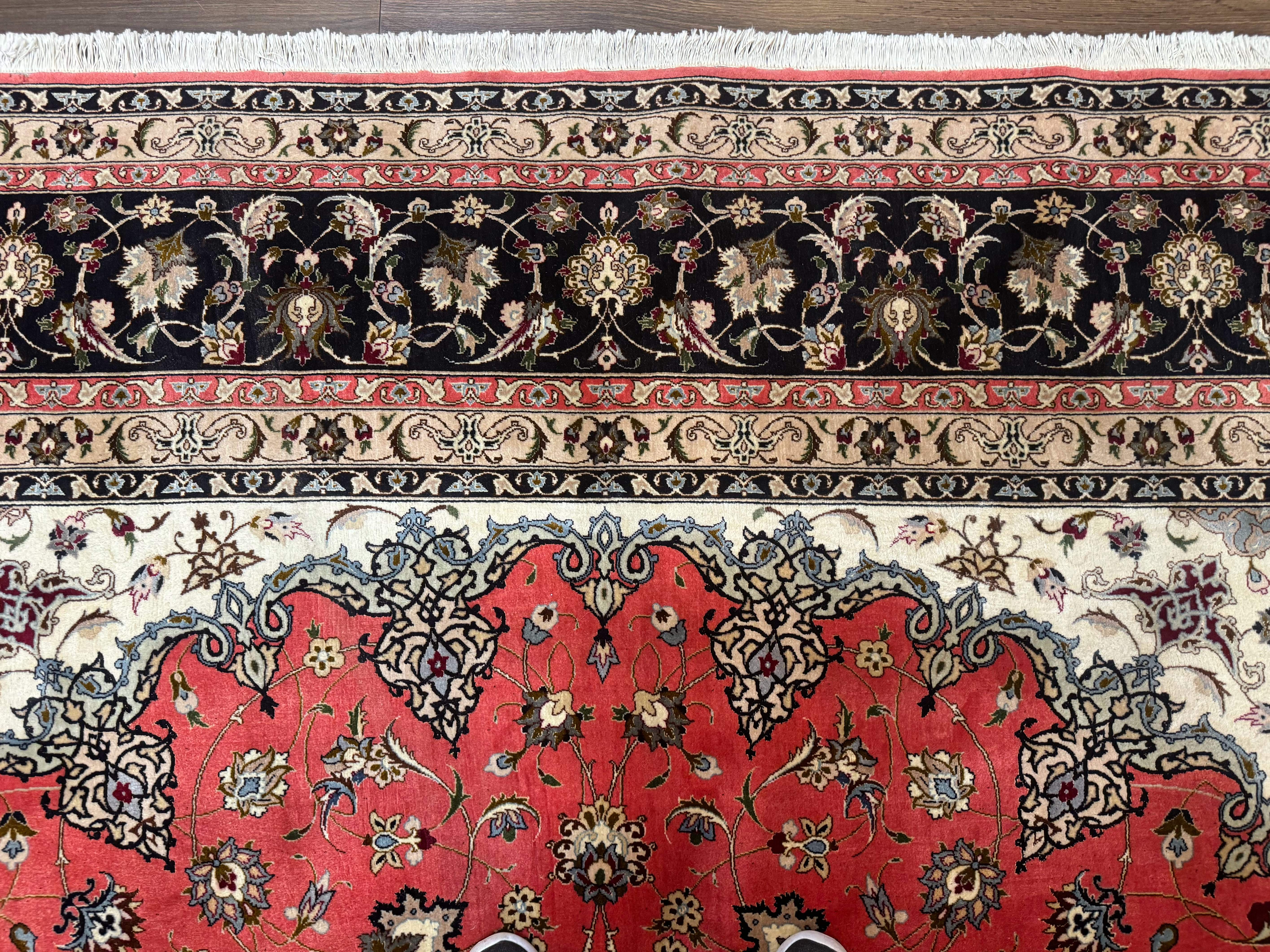 Persian Tabriz Rug 10x13, Floral Medallion, Salmon and Ivory, Hand-Knotted, 330 KPSI - Jewel Rugs