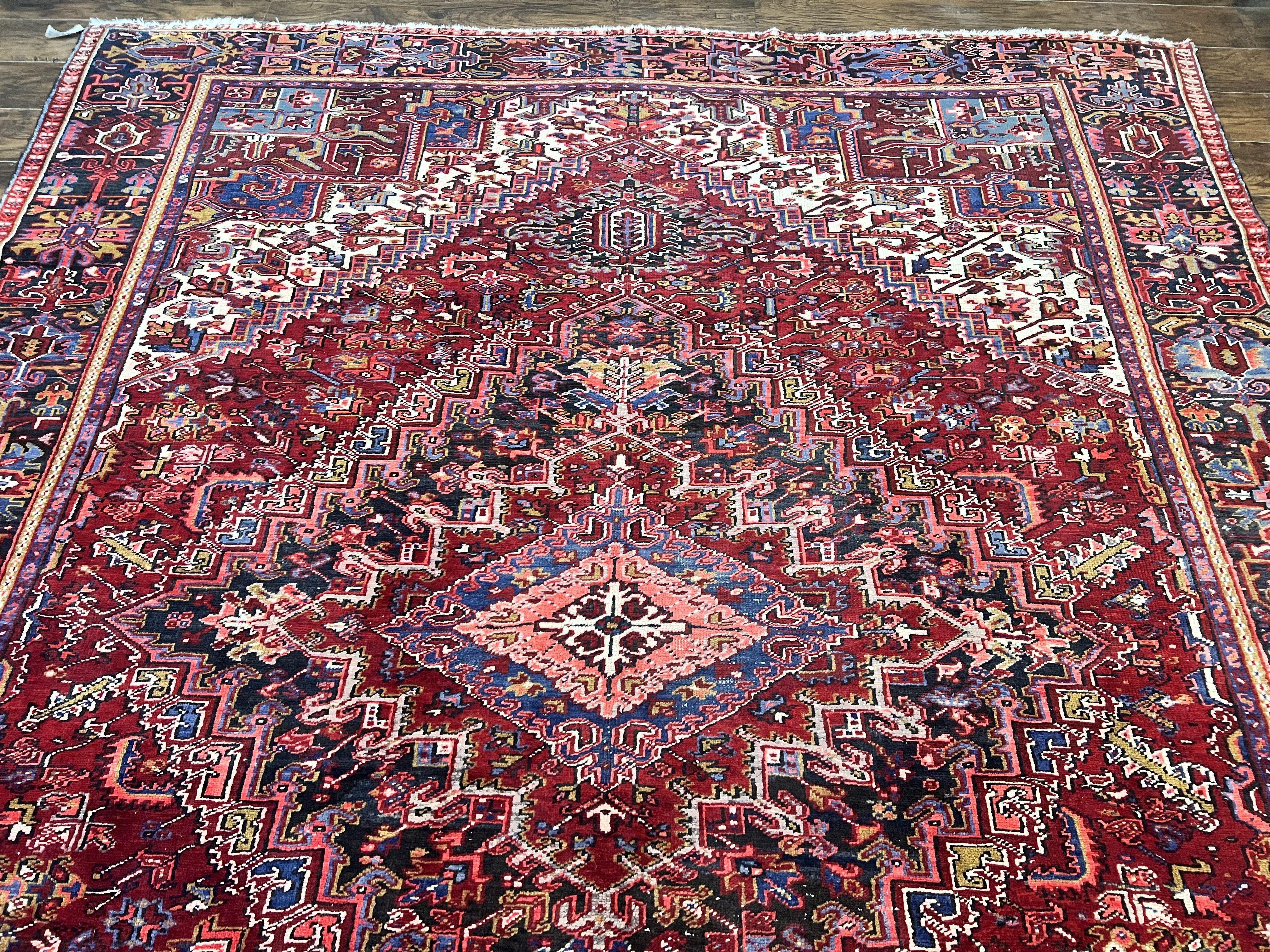 Persian Heriz Rug 9x11 ft, Geometric Rug 9 x 11, Red Room Sized Semi Antique Vintage Wool Hand Knotted Oriental Carpet - Jewel Rugs