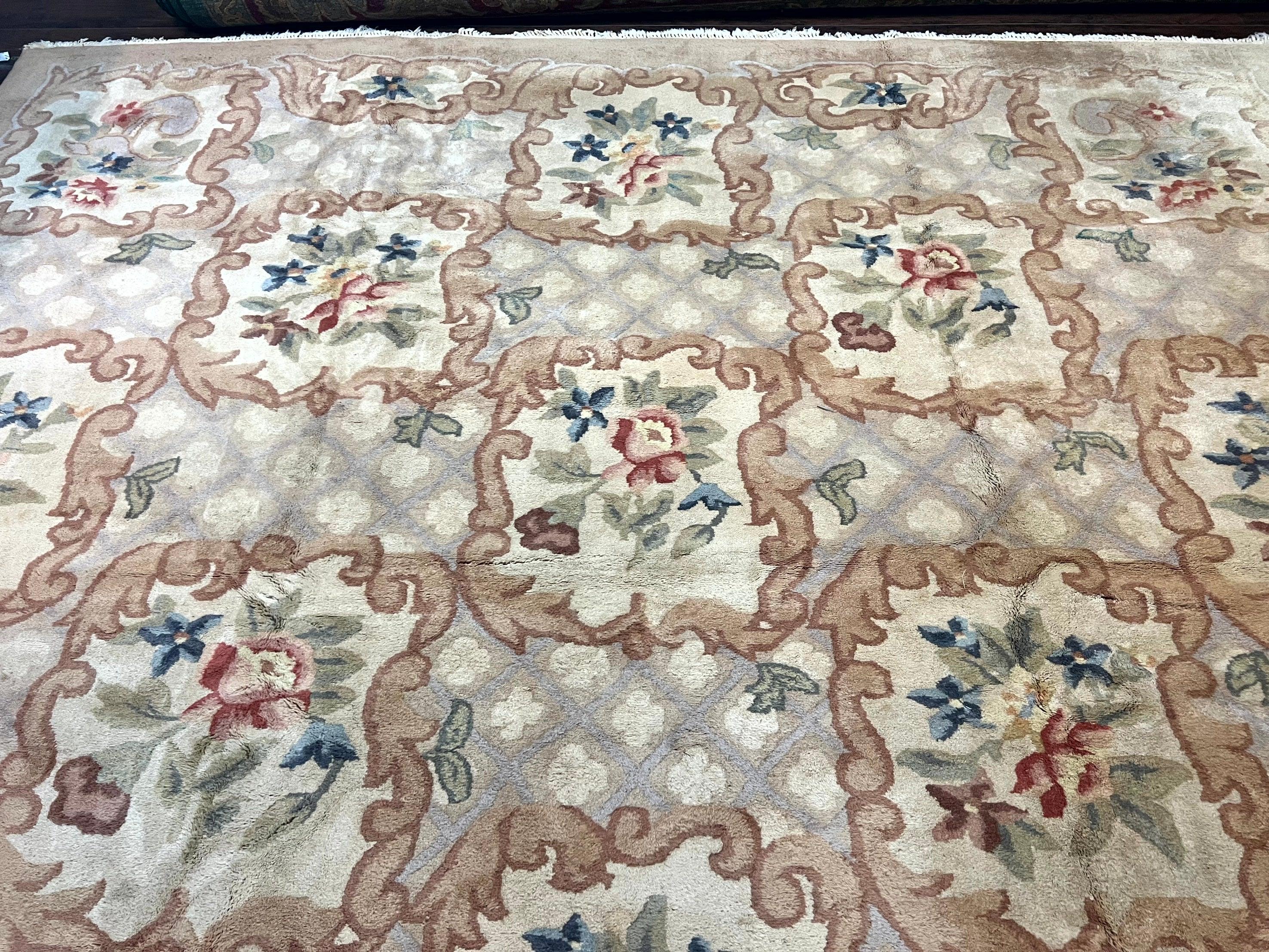 Indo Chinese Aubusson Wool Rug 11x16, Palace Sized Carpet, Oversized Handmade Vintage Rug, European Design - Jewel Rugs