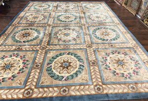 Chinese Aubusson Wool Rug 10x13, European Panel Design, Elegant Carpet, Vintage Handmade Plush Wool Pile Carpet, 90 Line Rug, Tan