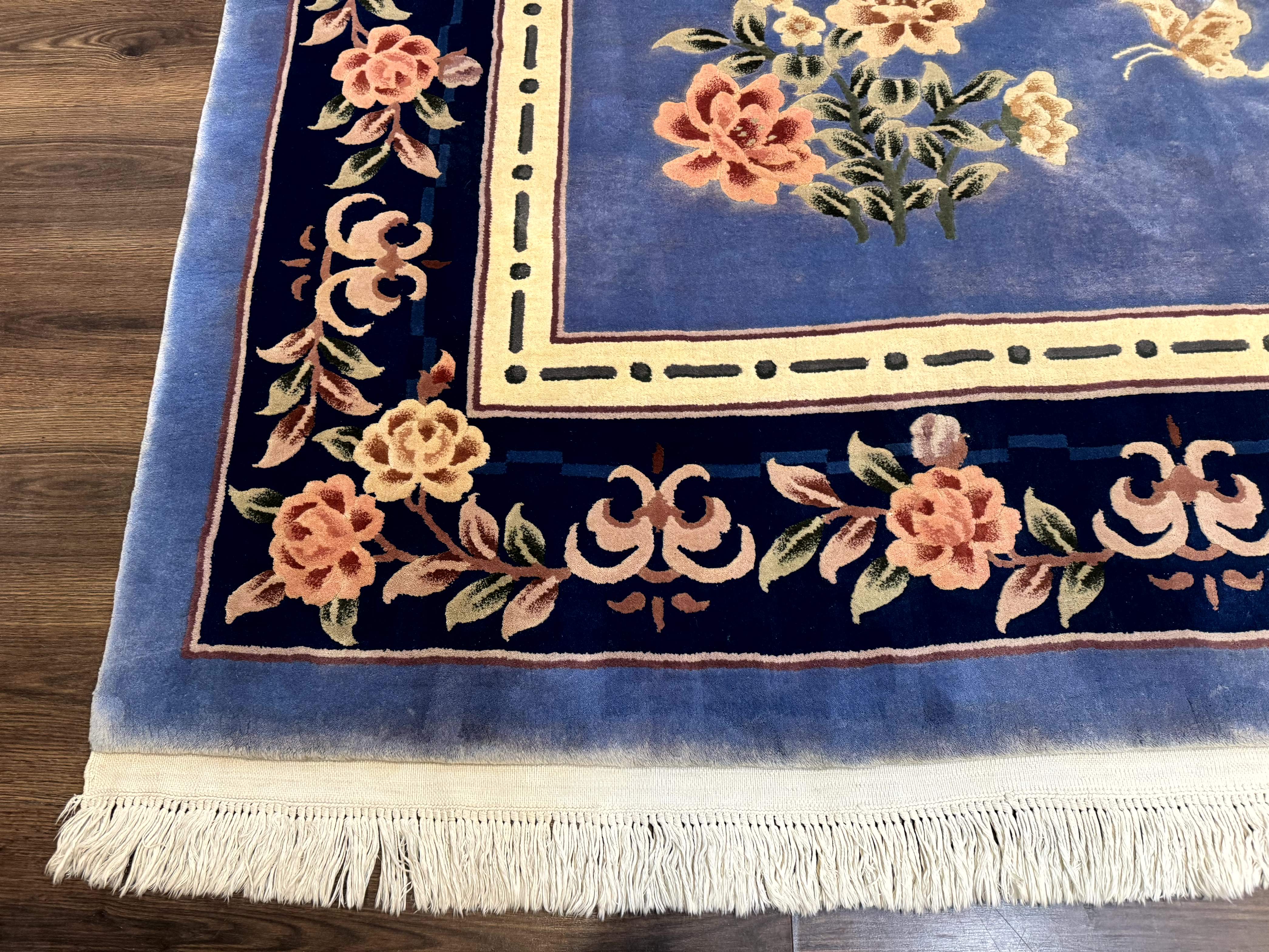 Blue Chinese Wool Rug 9x12, Art Deco Peking Asian Oriental Carpet, Floral Butterflies, 90 Line Rug - Jewel Rugs
