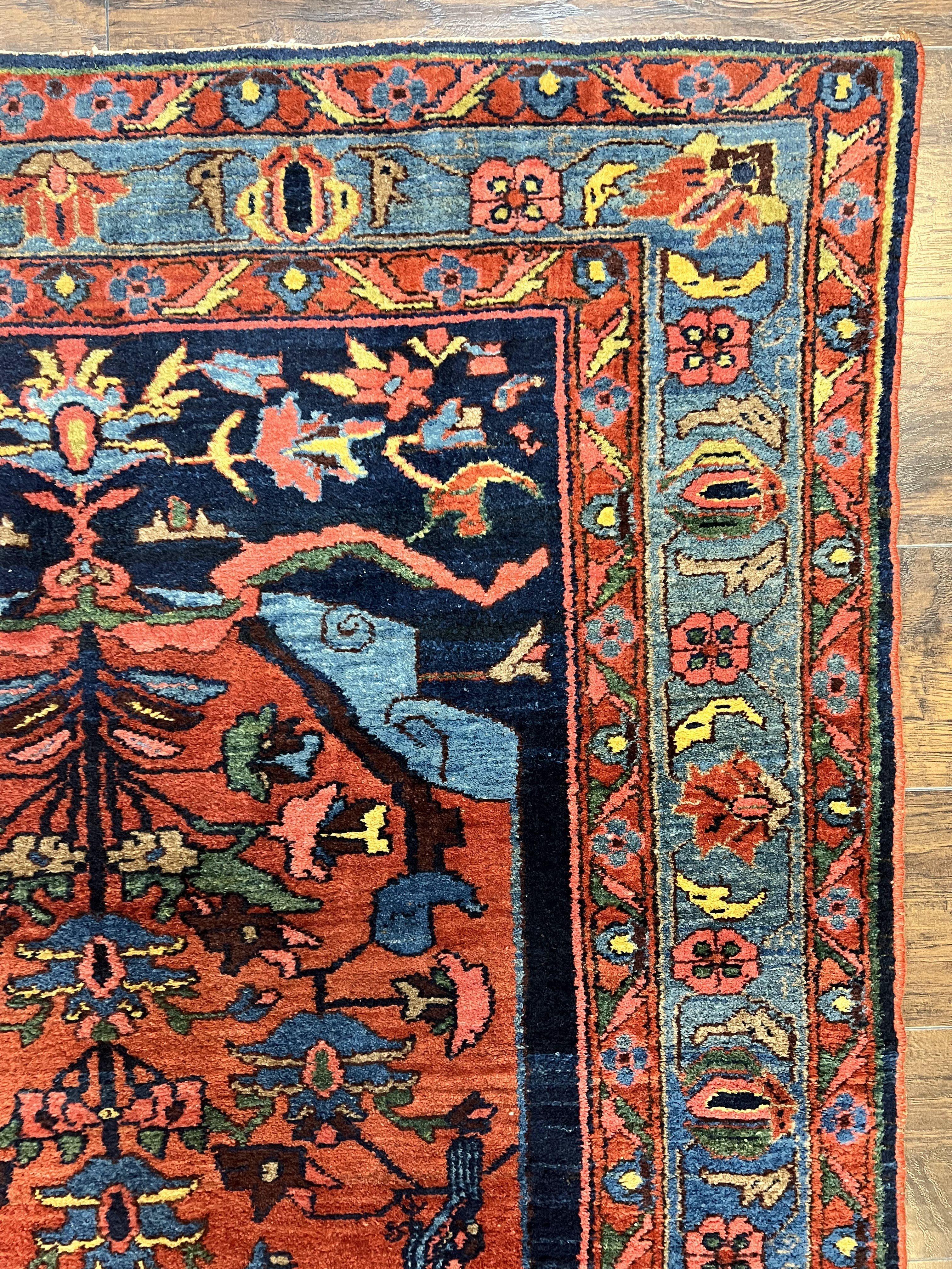 Beautiful Persian Rug 4x7, Red and Blue Rug, Hand Knotted Antique Handmade Persian Carpet, Bidjar Rug, Wool Rug 4 x 7 - Jewel Rugs