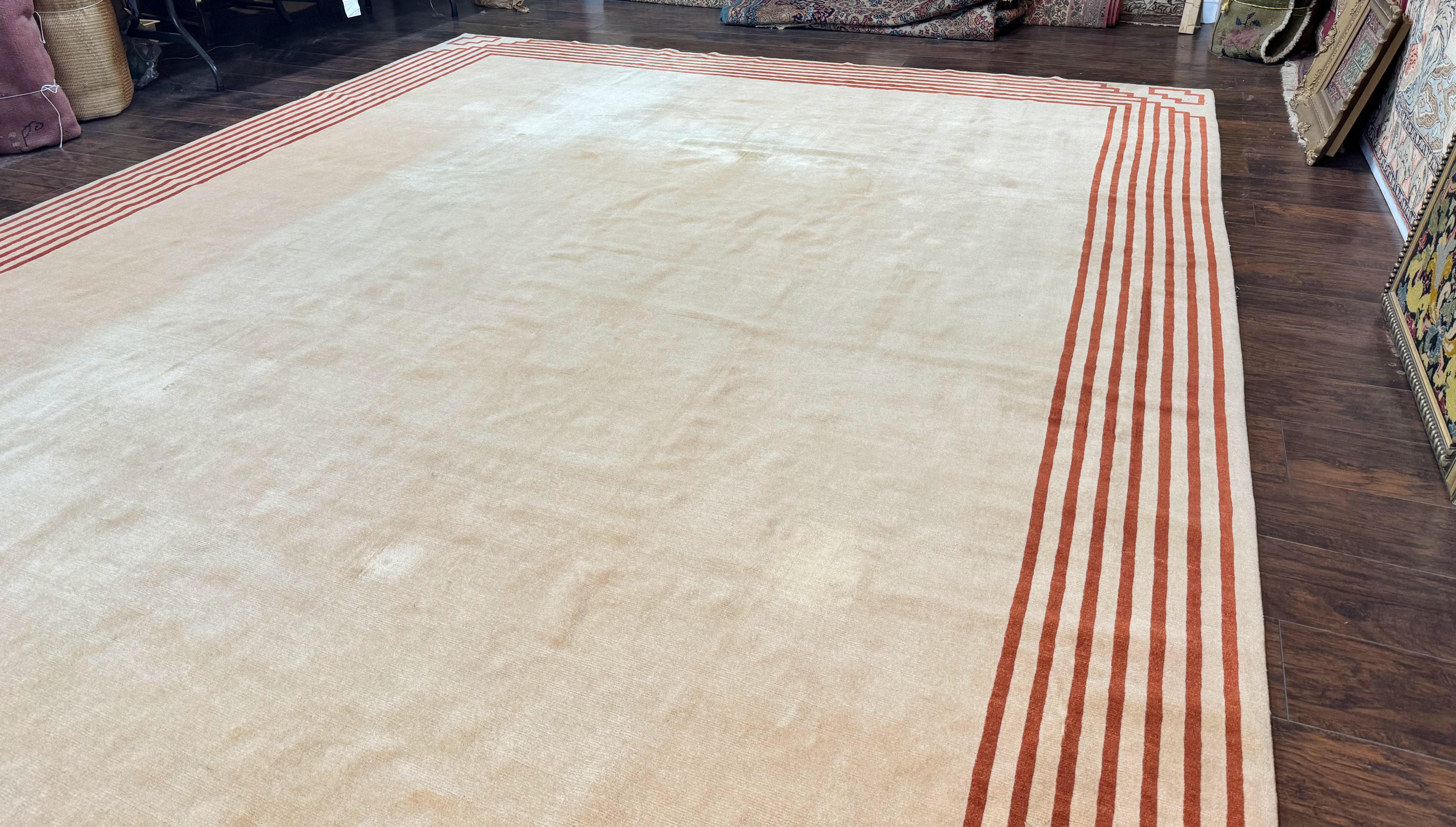 Modern Tibetan Rug 11 x 14.6, Wool and Silk, Simple Design, Handmade Large Area Rug, Cream - Jewel Rugs