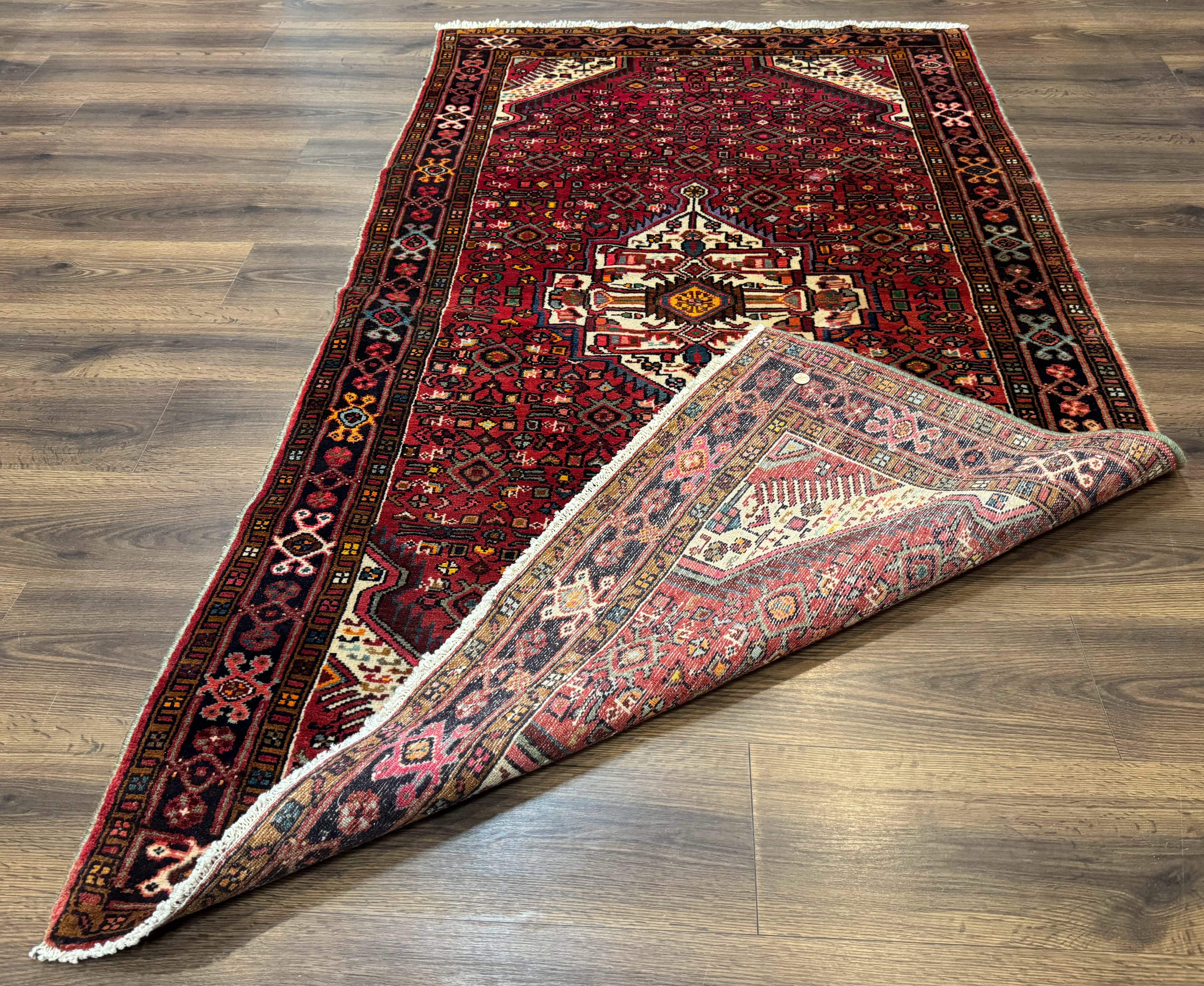 Persian Hamadan Rug 4x7, Tribal Village Malayer Carpet, Red and Ivory, Bohemian Antique - Jewel Rugs