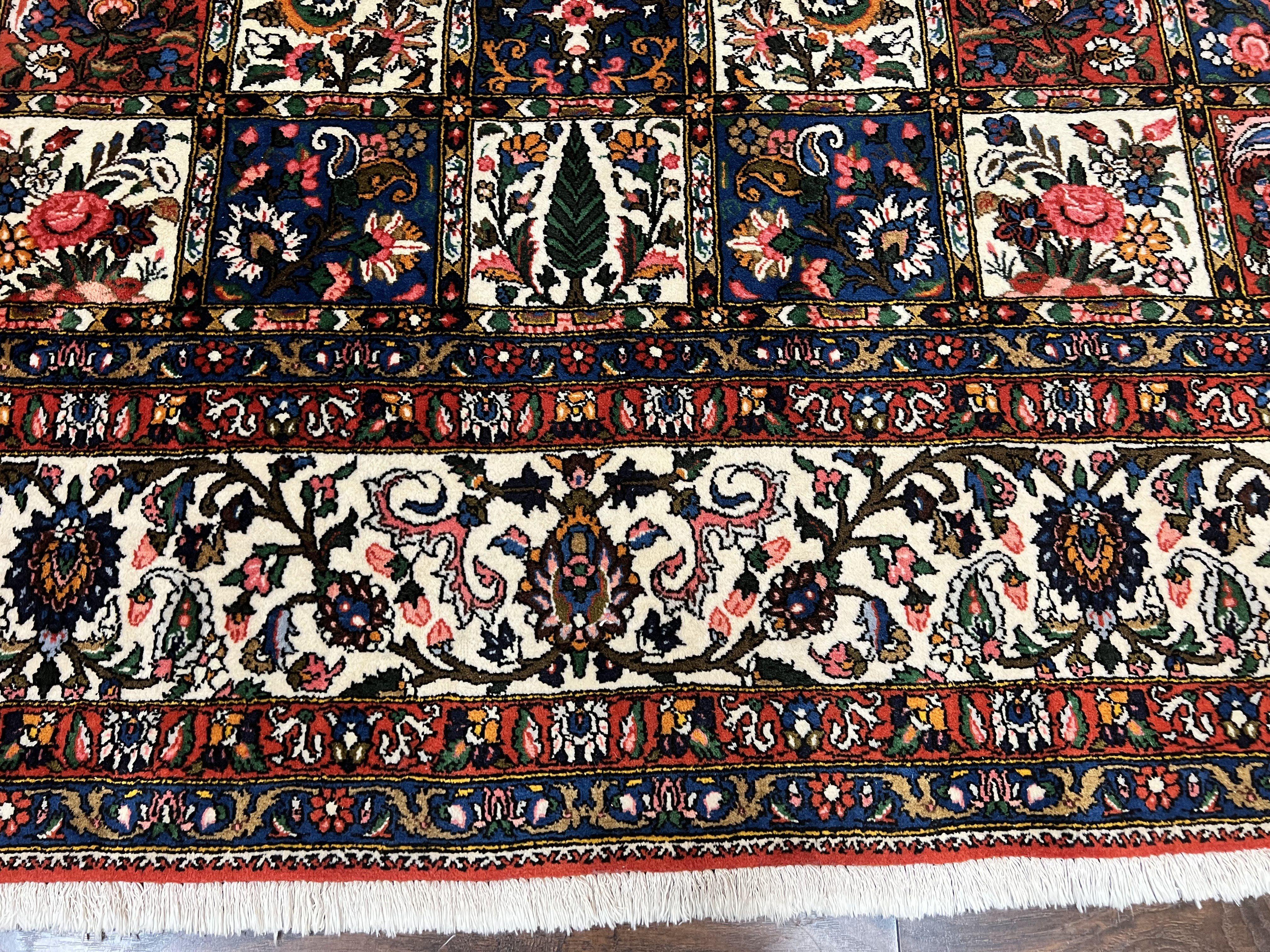 Persian Bakhtiari Rug 10x14, Wool Hand Knotted Vintage Carpet, Multicolor Khesti Panel Design, Large Room Sized Semi Antique Oriental Rug 10 x 14 - Jewel Rugs