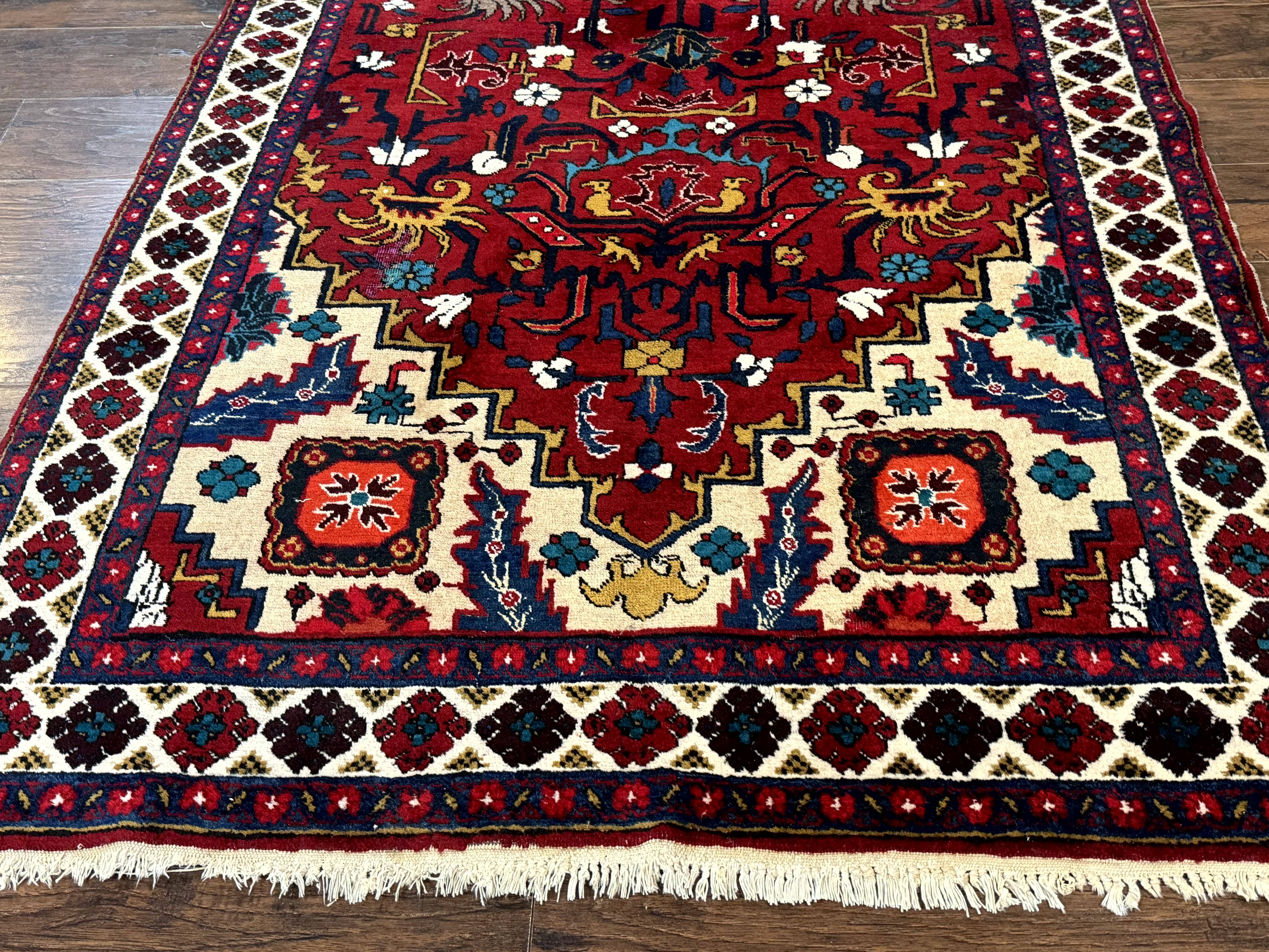 Persian Bakhtiari Rug 4.8 x 11, Wide Tribal Runner, Red Ivory and Blue, Vibrant Colors, Antique, Wool, Rare - Jewel Rugs