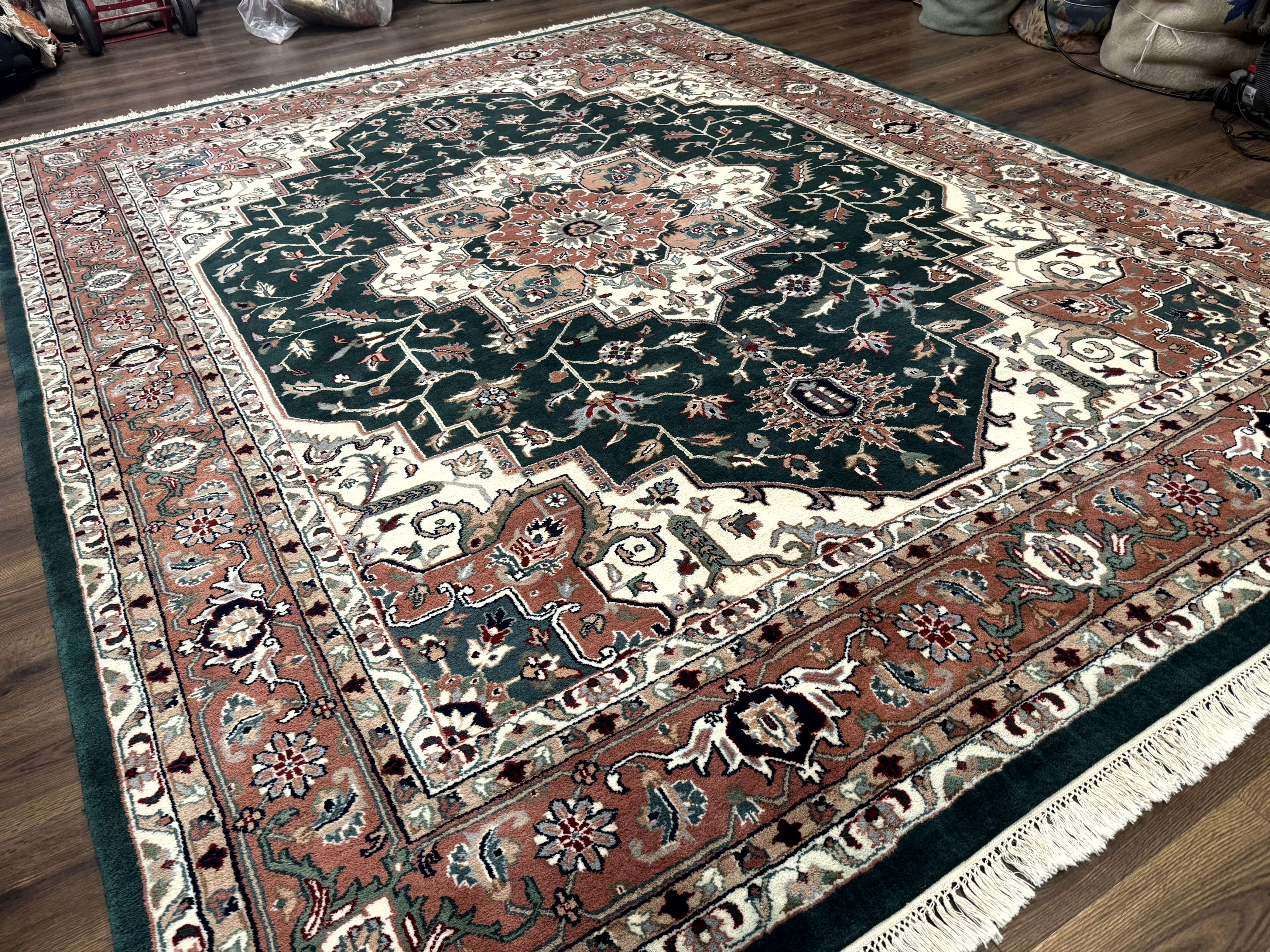 Indo Persian Heriz Rug 9x12, Dark Green & Ivory, Wool Hand Knotted Carpet - Jewel Rugs