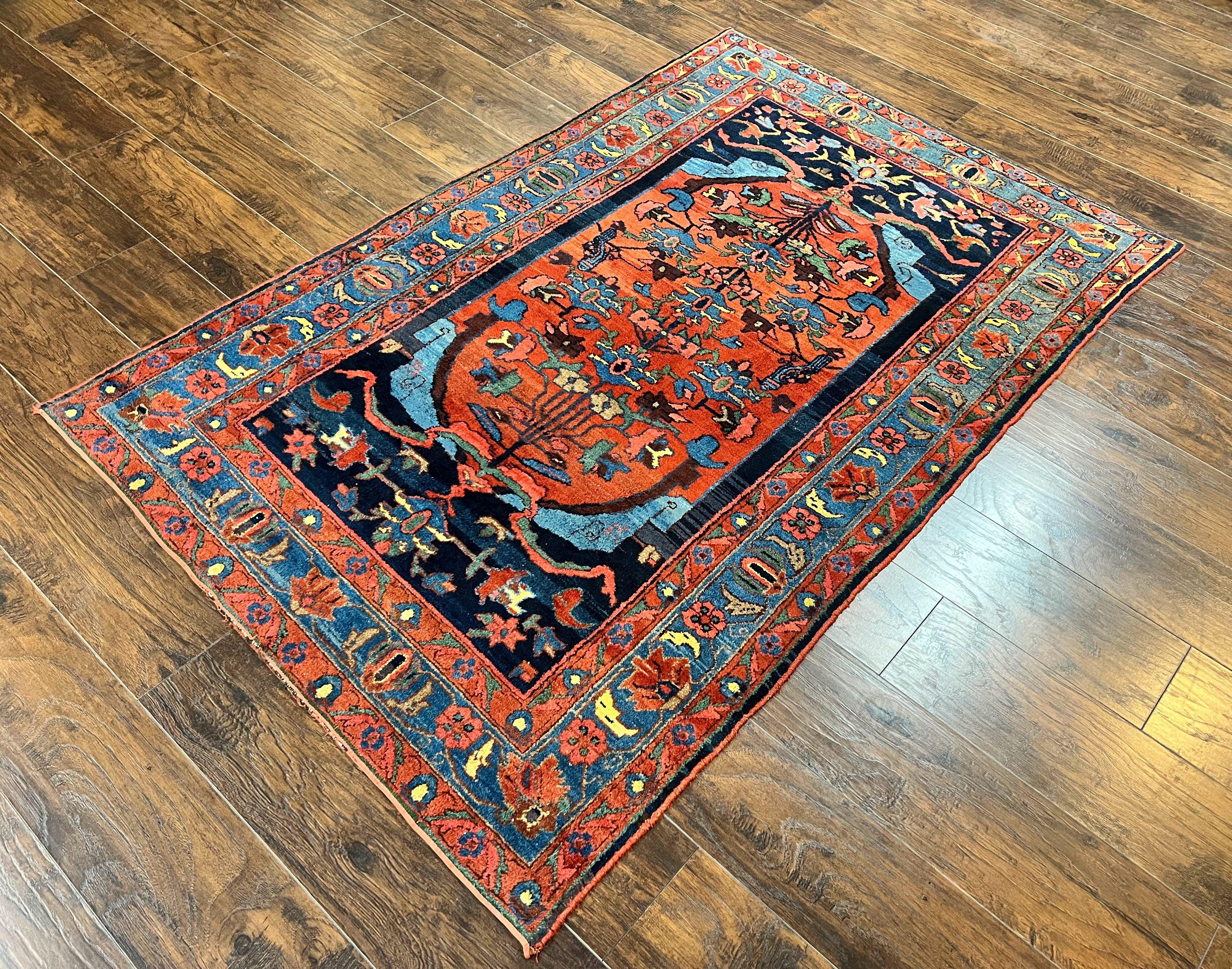 Beautiful Persian Rug 4x7, Red and Blue Rug, Hand Knotted Antique Handmade Persian Carpet, Bidjar Rug, Wool Rug 4 x 7 - Jewel Rugs