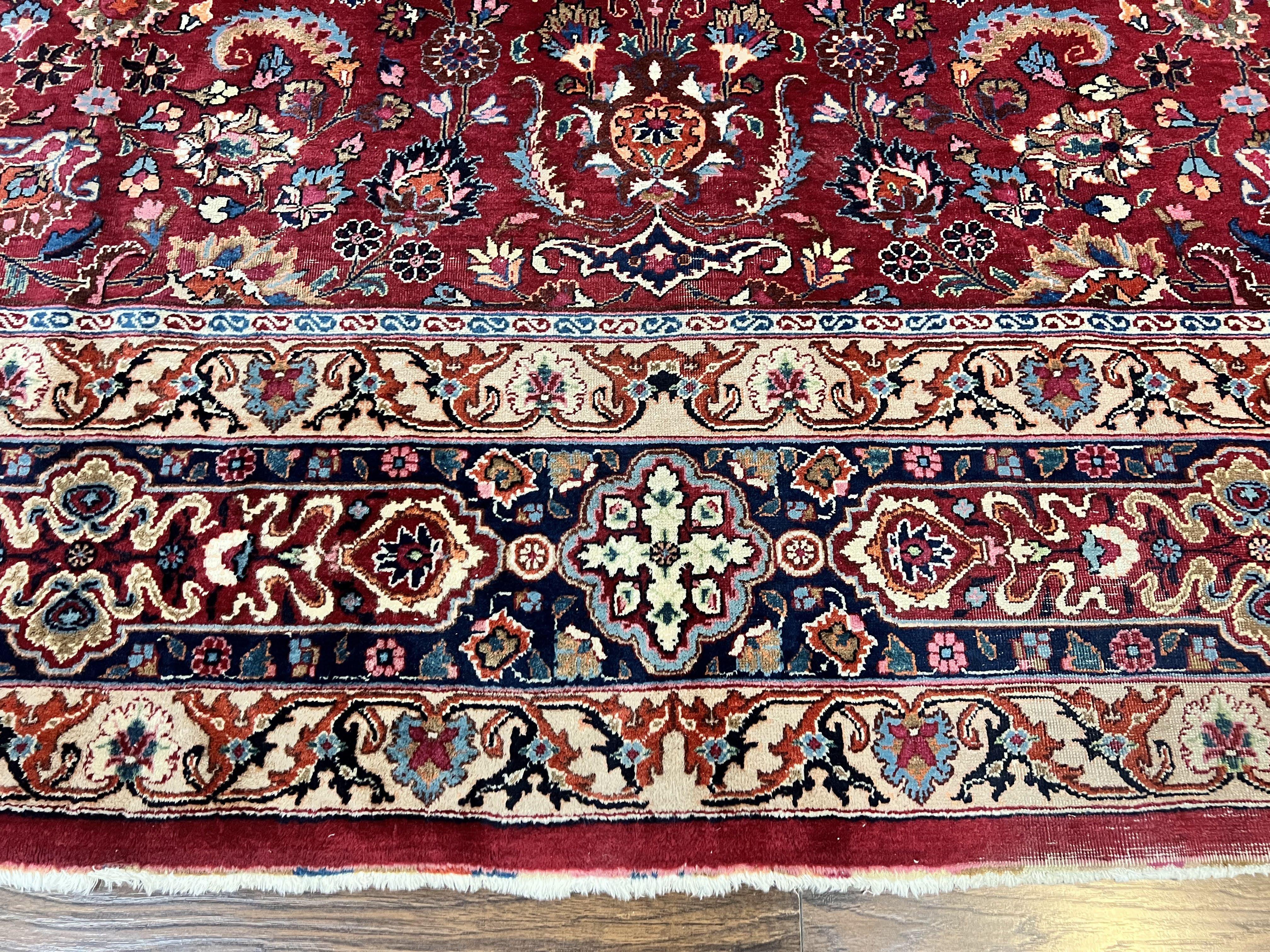 Signed Persian Mashad Rug 8x10, Wool Oriental Carpet, Semi Antique Rug, Hand Knotted, Traditional, Red, Floral Allover, - Jewel Rugs