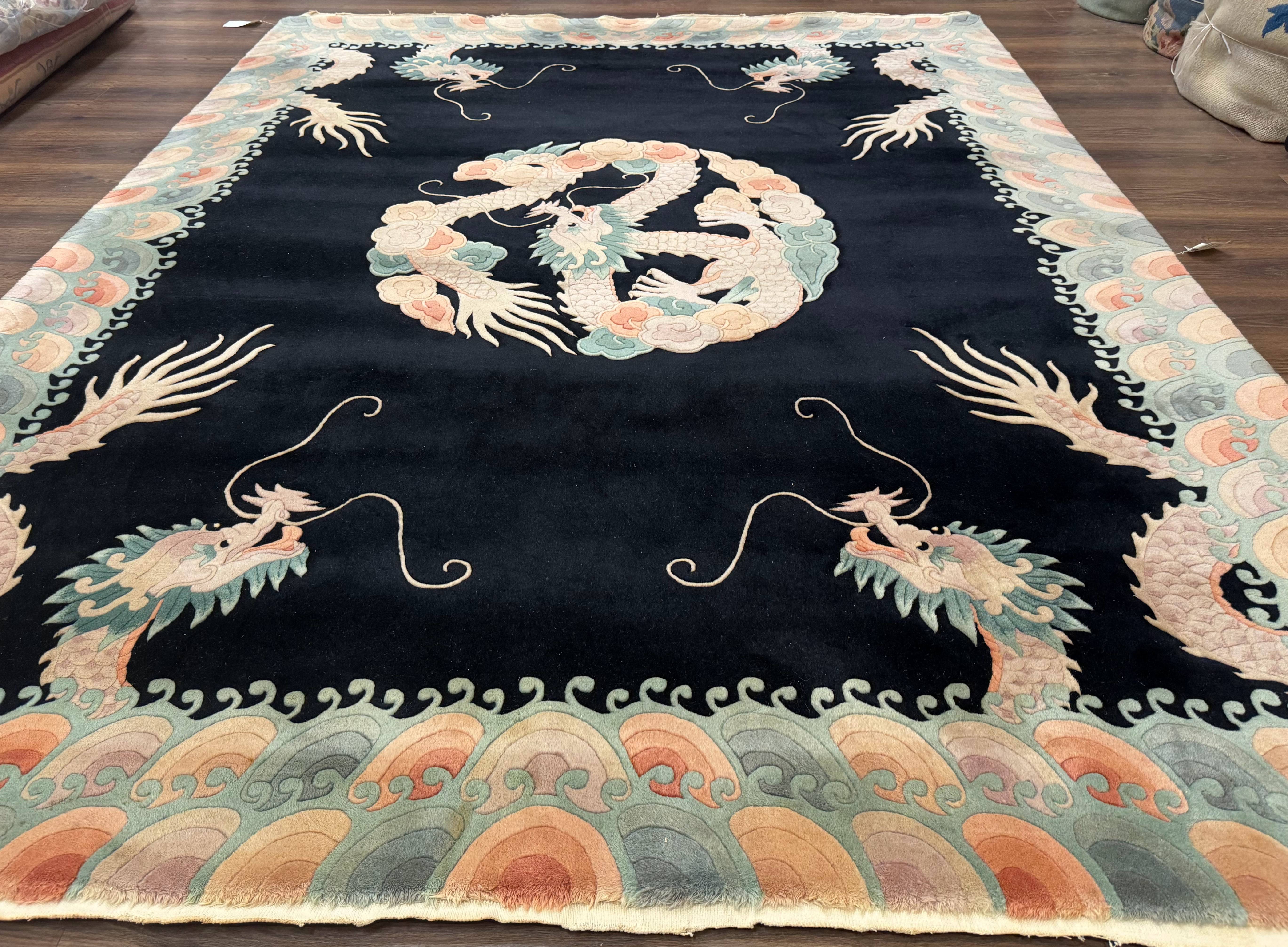 Black Chinese Wool Rug 8x10 with Dragons, Rainbow Borders, Rare - Jewel Rugs