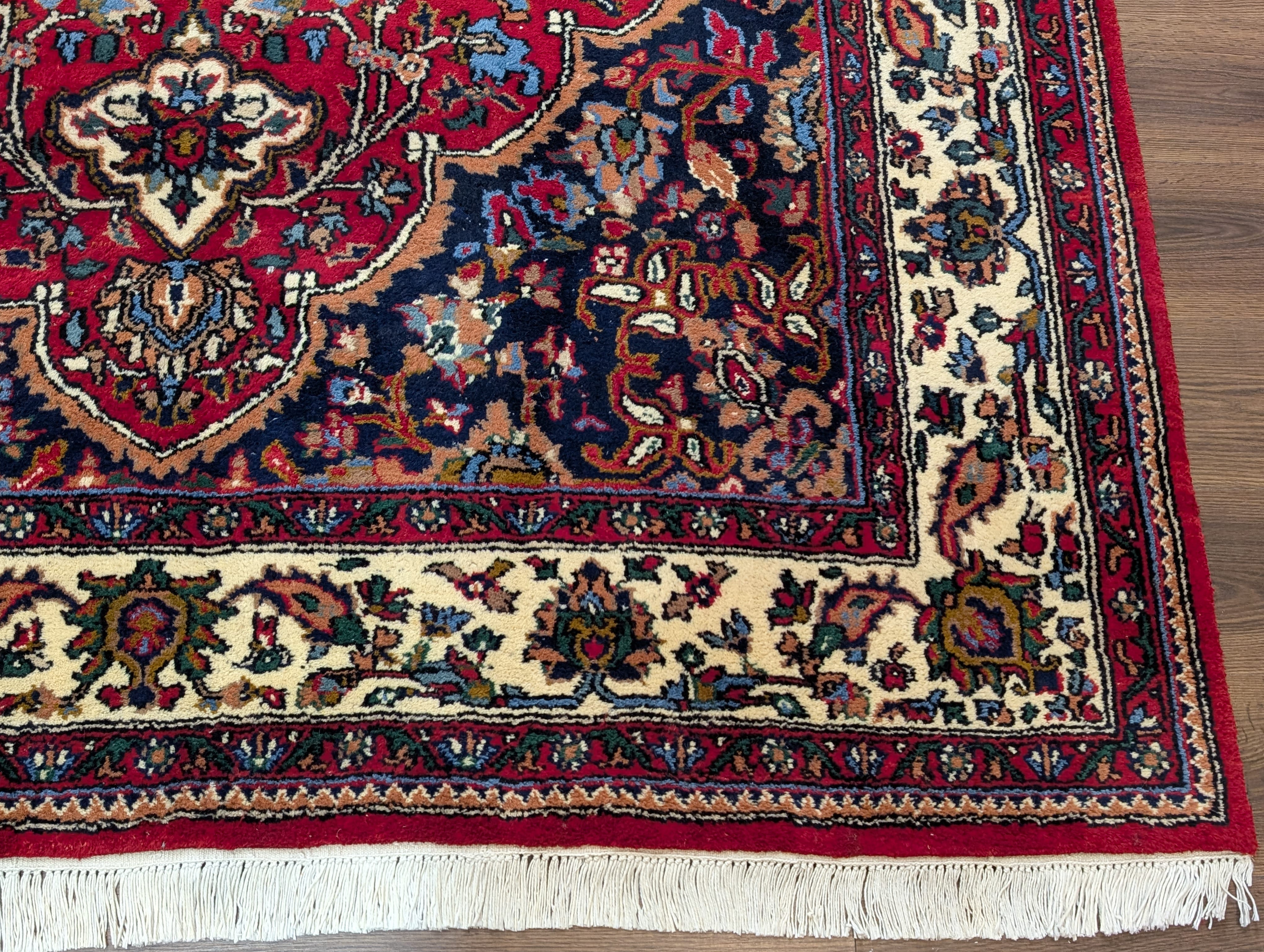 Indo Persian Rug 7x10, Floral Medallion Hand-Knotted Wool Carpet, Red Ivory Navy - Jewel Rugs