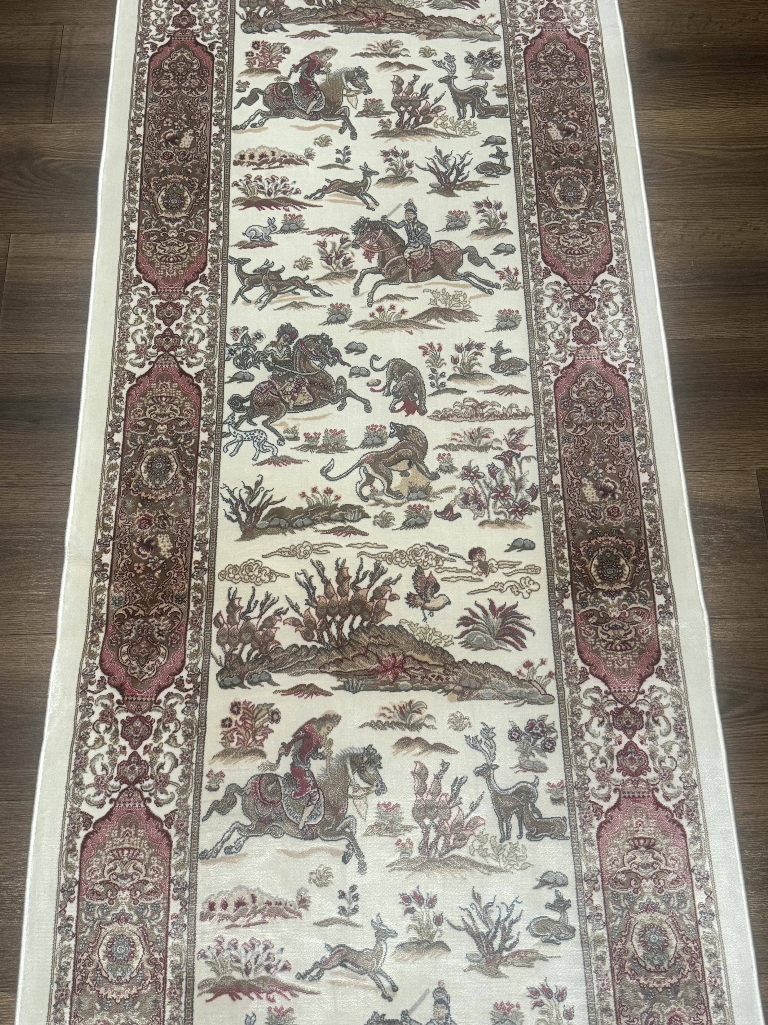 Turkish Silk Runner Rug 2.6 x 8, Hunting Design, Ivory, Bamboo Silk, New - Jewel Rugs