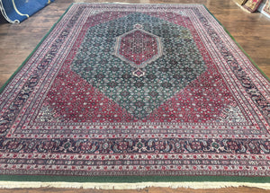 Indo Persian Bidjar Rug 8x11, Green and Red, Herati Pattern, Vintage Handmade Wool Oriental Carpet