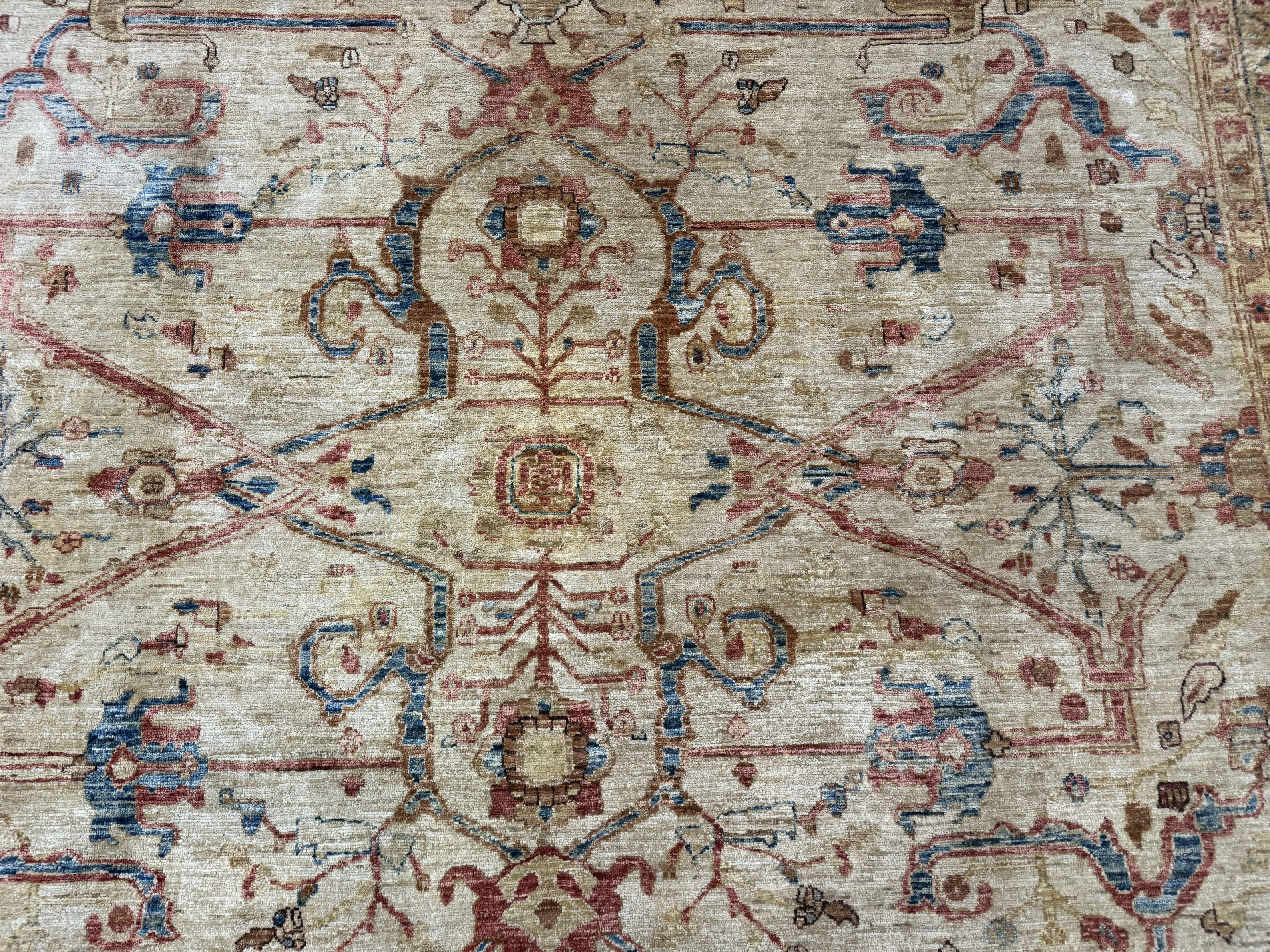 Pakistani Peshawar Rug 10x12 – Tan and Blue, Hand-Knotted Wool Oushak Carpet - Jewel Rugs