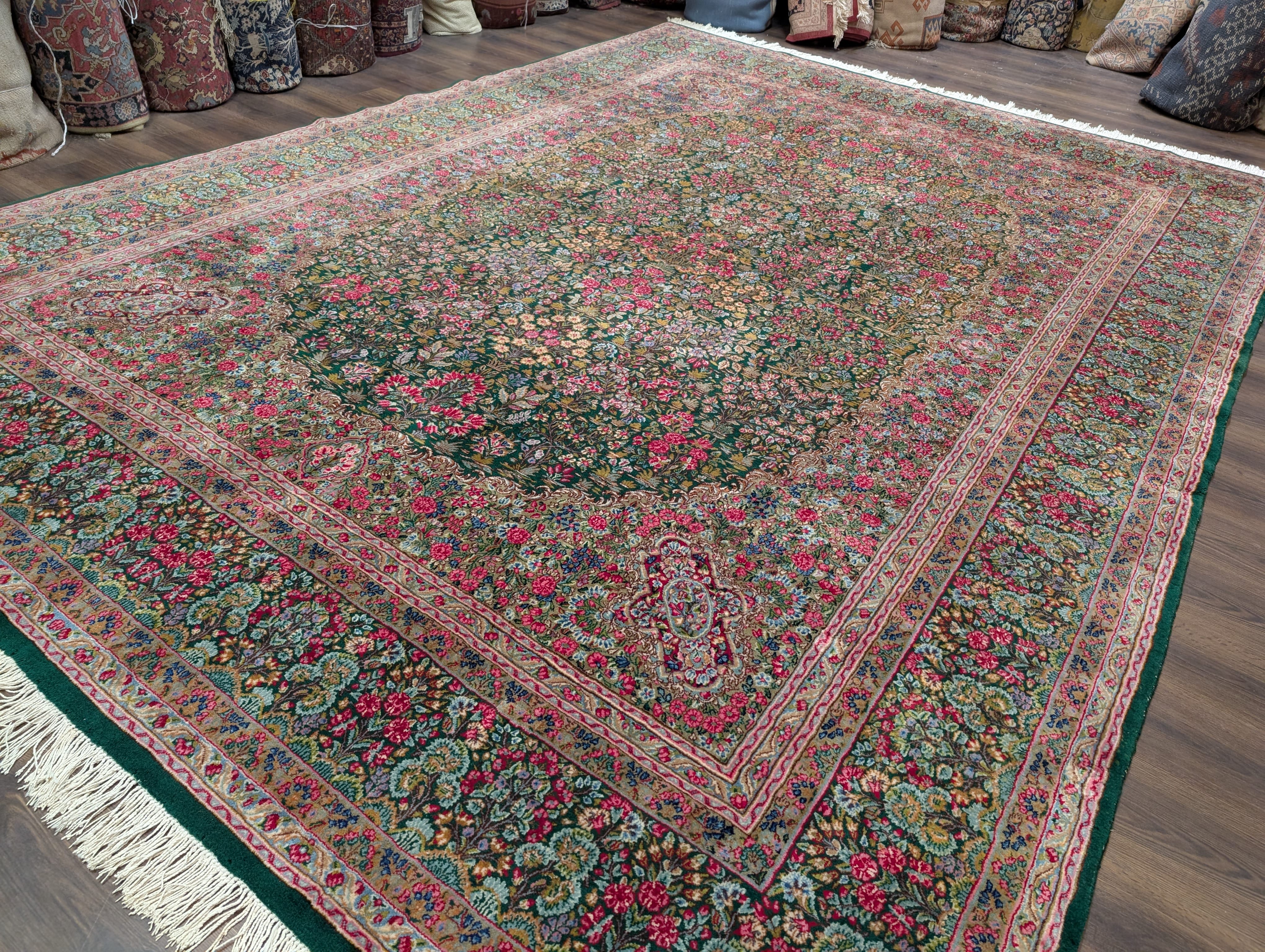 Persian Kerman Rug 10x13, Millefleur Floral Allover Pattern, Hand-Knotted Wool Carpet, Dark Green, Multicolor - Jewel Rugs