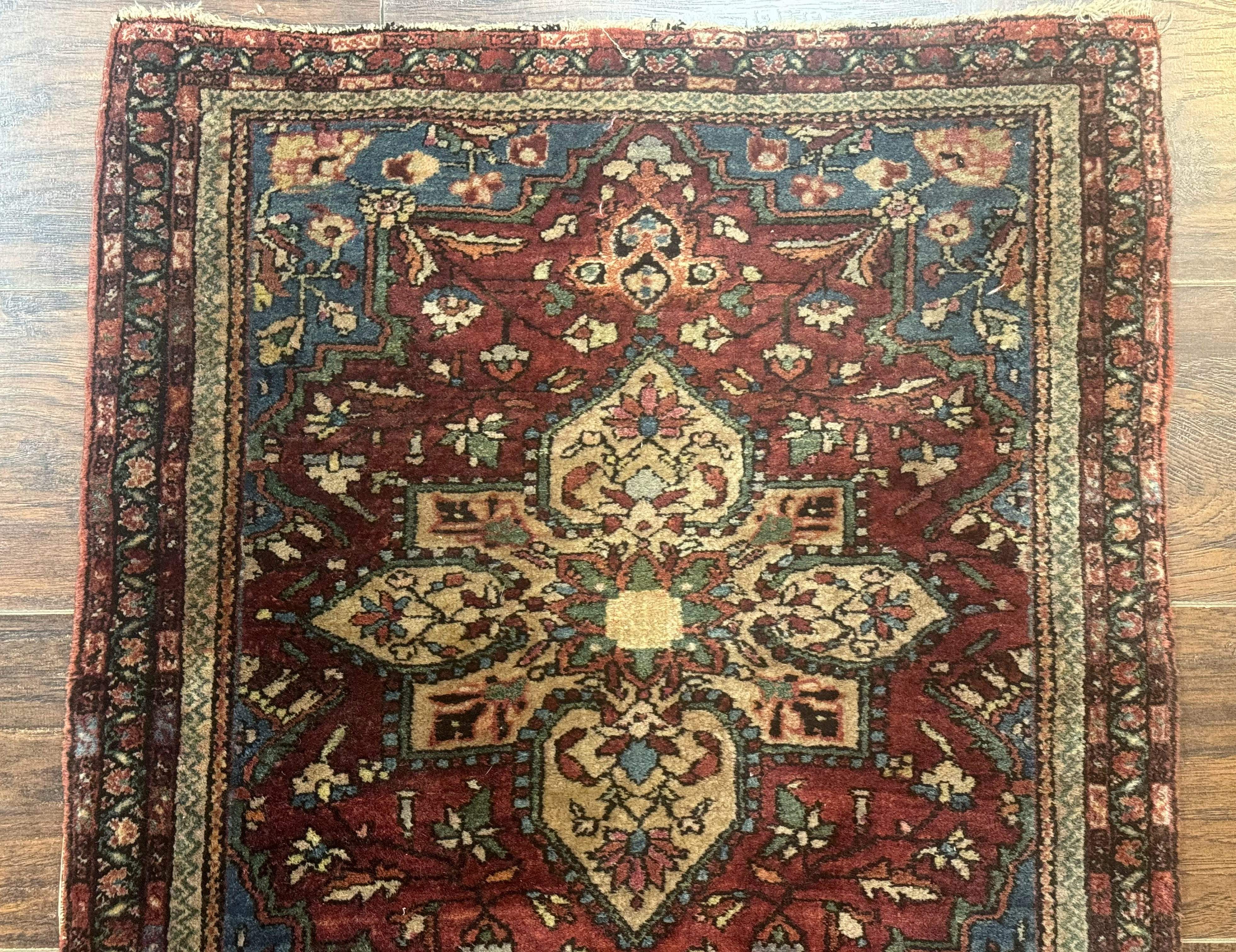 Sarouk Farahan Rug 2x3 - Rust Red and Light Blue, Handmade Wool Persian Small Scatter Rug, Antique, 225 KPSI - Jewel Rugs