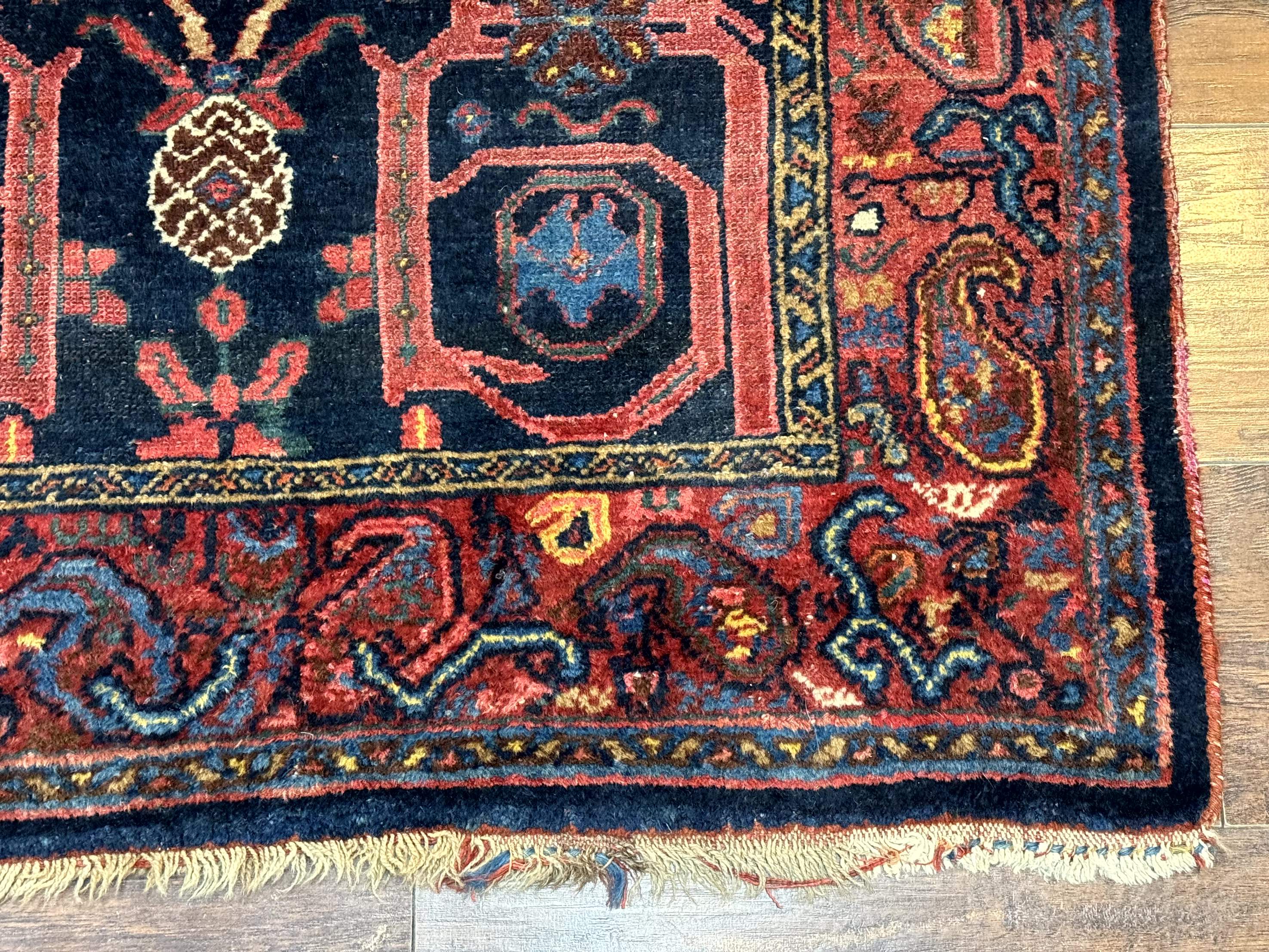 Rare Persian Malayer Runner Rug 4x16 – Navy and Red, Hand-Knotted Wool Antique Carpet, Paisley Border - Jewel Rugs