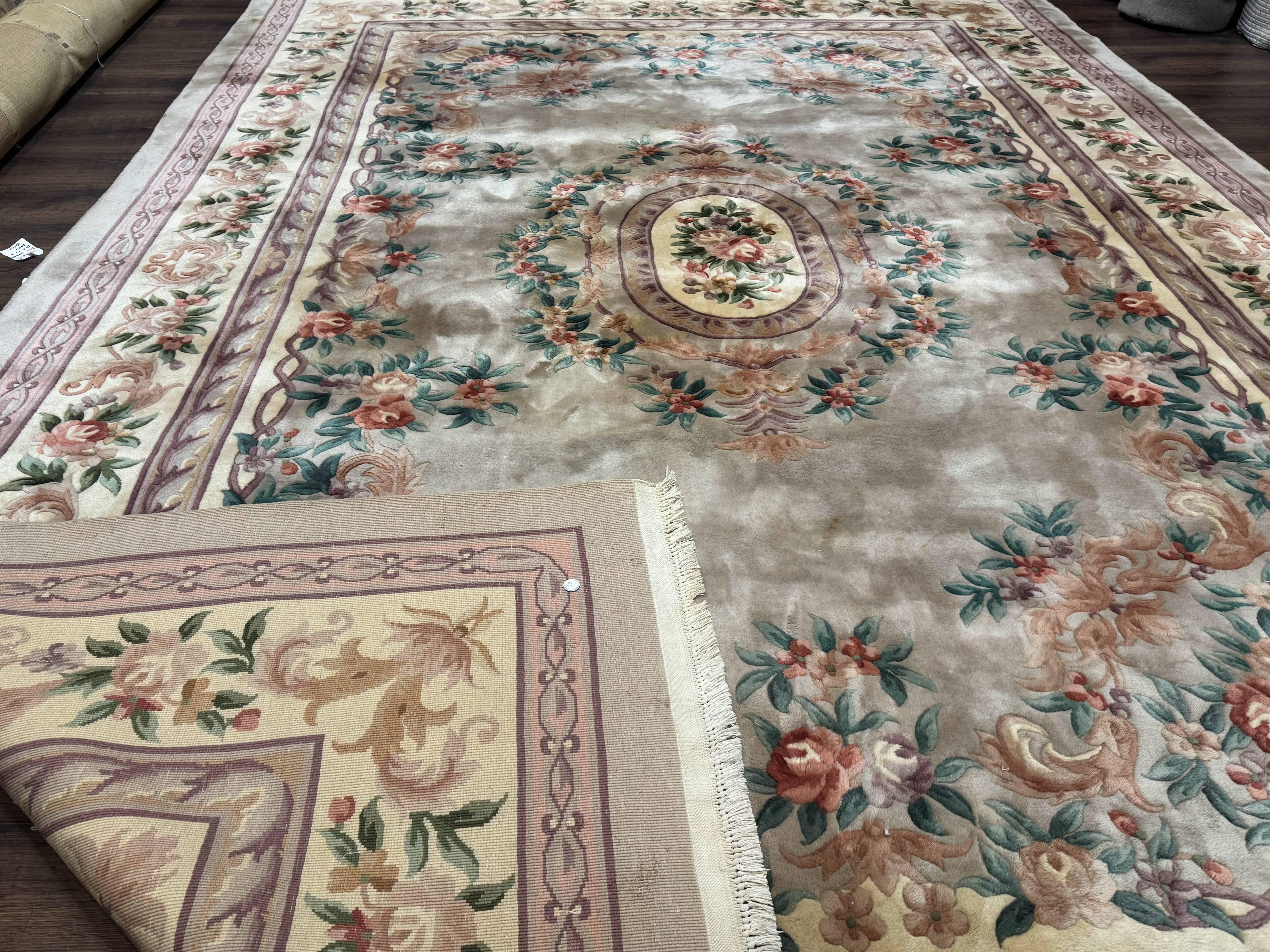 Chinese Aubusson Rug 10x14, Soft Thick Wool Pile, Gray and Beige, Floral, Vintage 1960s Chinese Wool Rug - Jewel Rugs