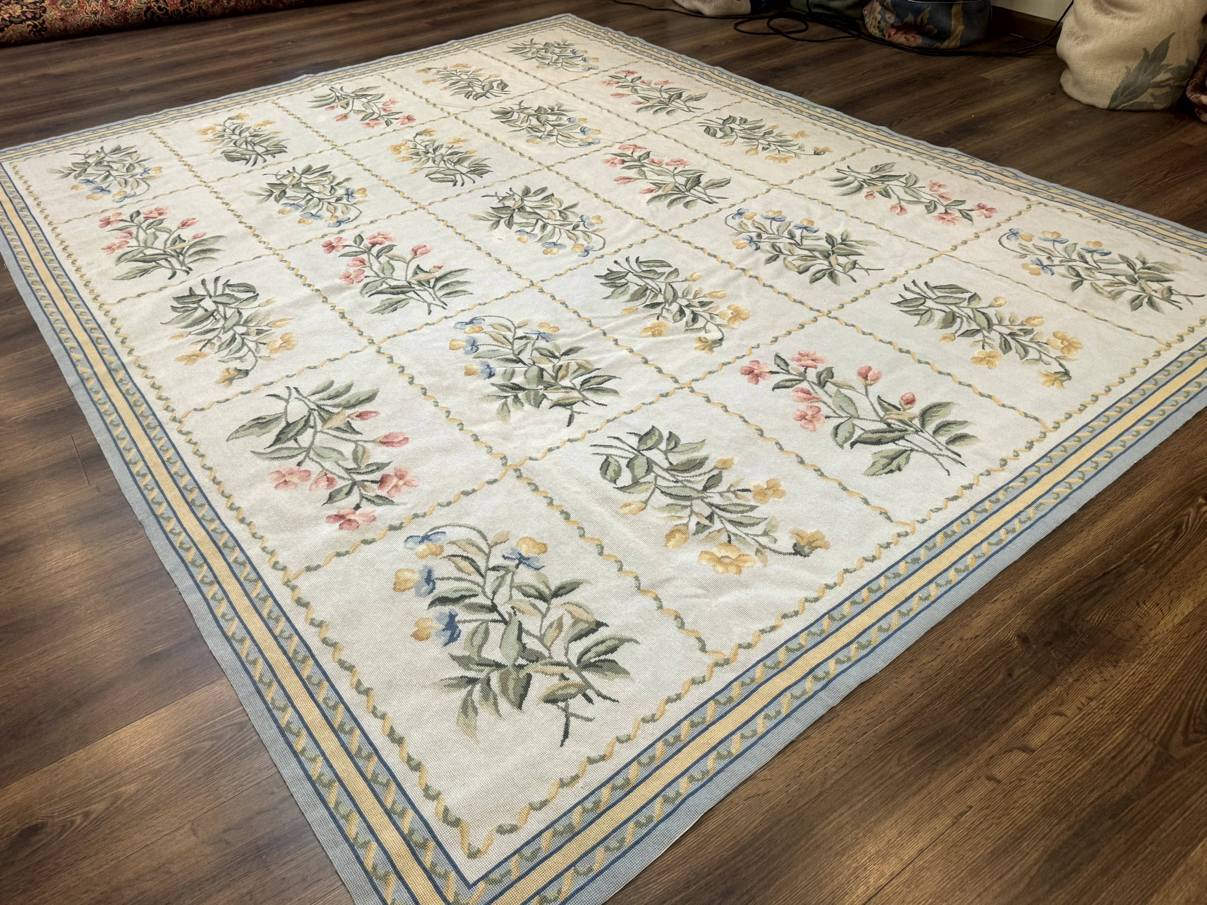 Needlepoint Rug 8x10, Vintage, Aubusson Panel Design, Floral, Wool - Jewel Rugs