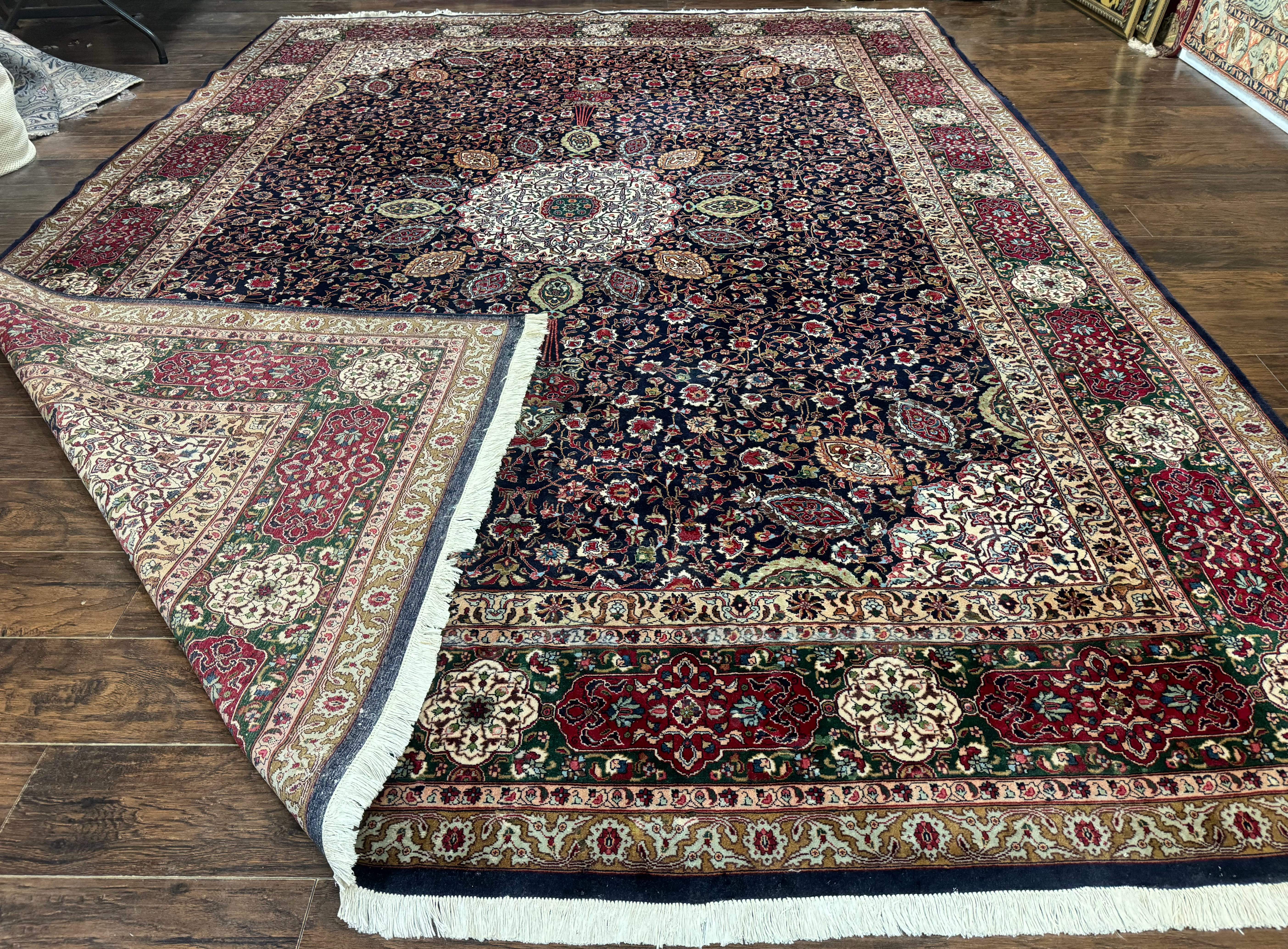 Persian Tabriz Rug 10x13 – Navy Blue and Red, Floral Medallion, Fine 210 KPSI - Jewel Rugs