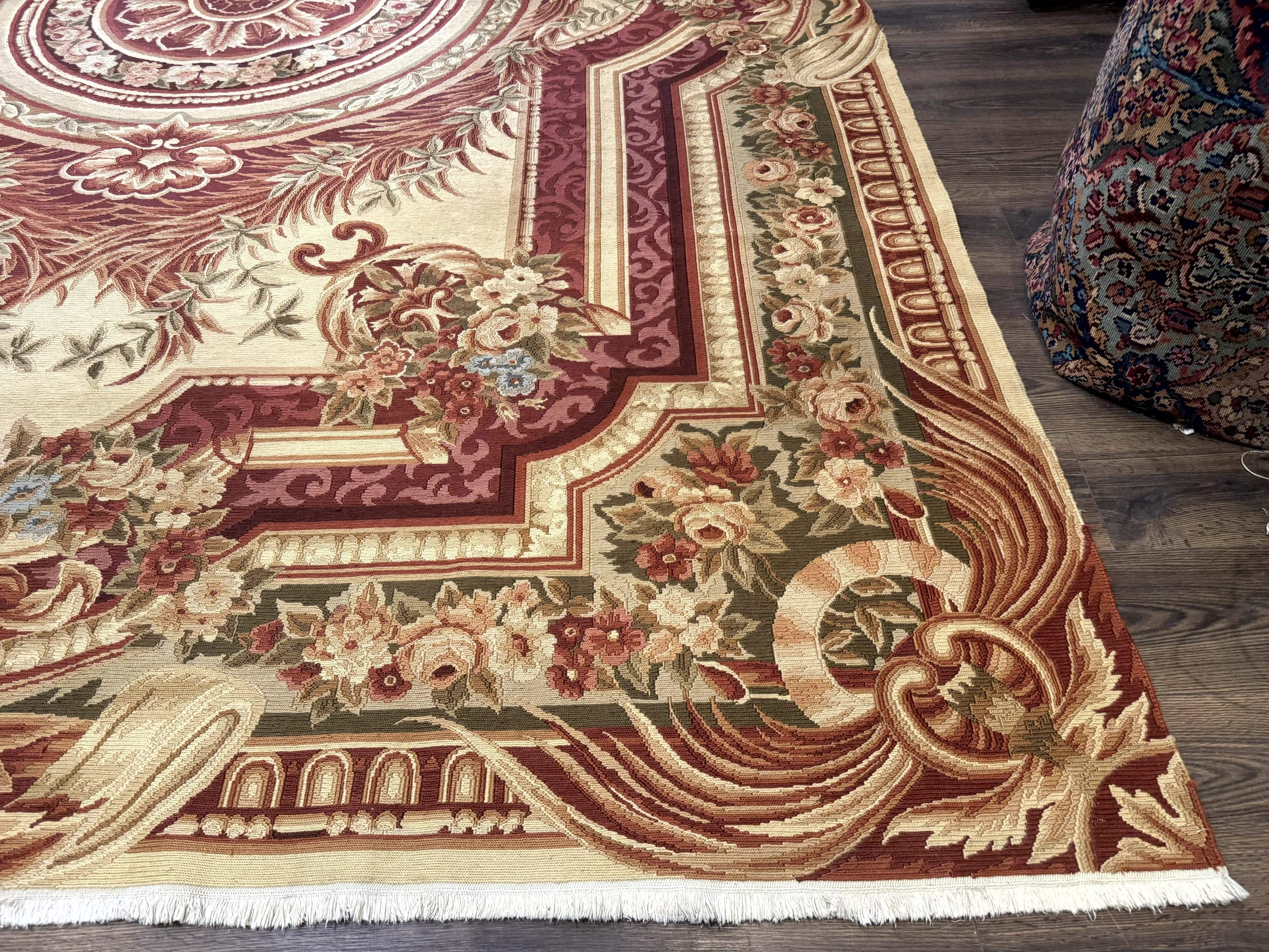 Large Aubusson Rug 10x13, Thick Flatweave Carpet, Elegant European Design, Cream and Raspberry - Jewel Rugs